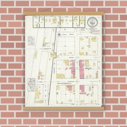 Old map wall art mockup — magnetic wood frame on brick wall — Sanborn Fire Insurance Map from Viola, Mercer County, Illinois (1917), Sheet #0001