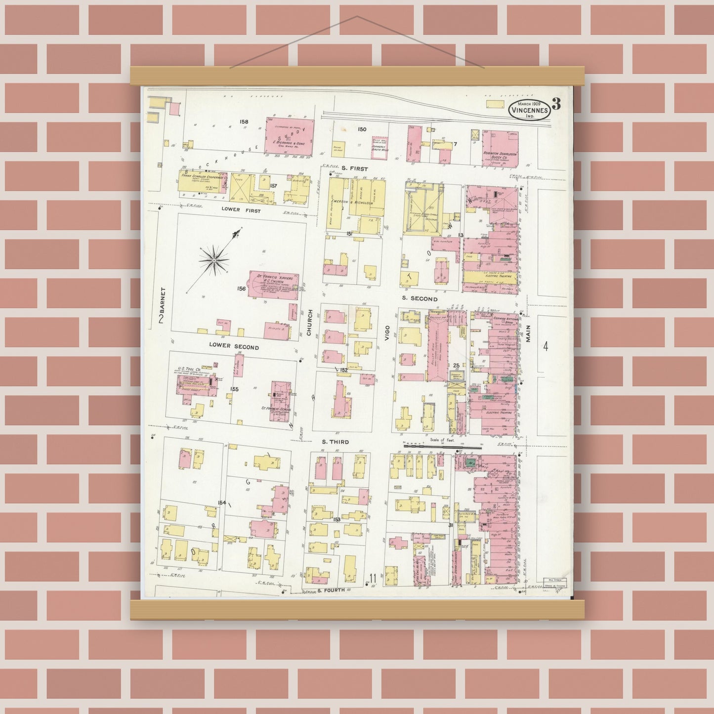 Old map wall art mockup — magnetic wood frame on brick wall — Sanborn Fire Insurance Map from Vincennes, Knox County, Indiana (1909), Sheet #0003