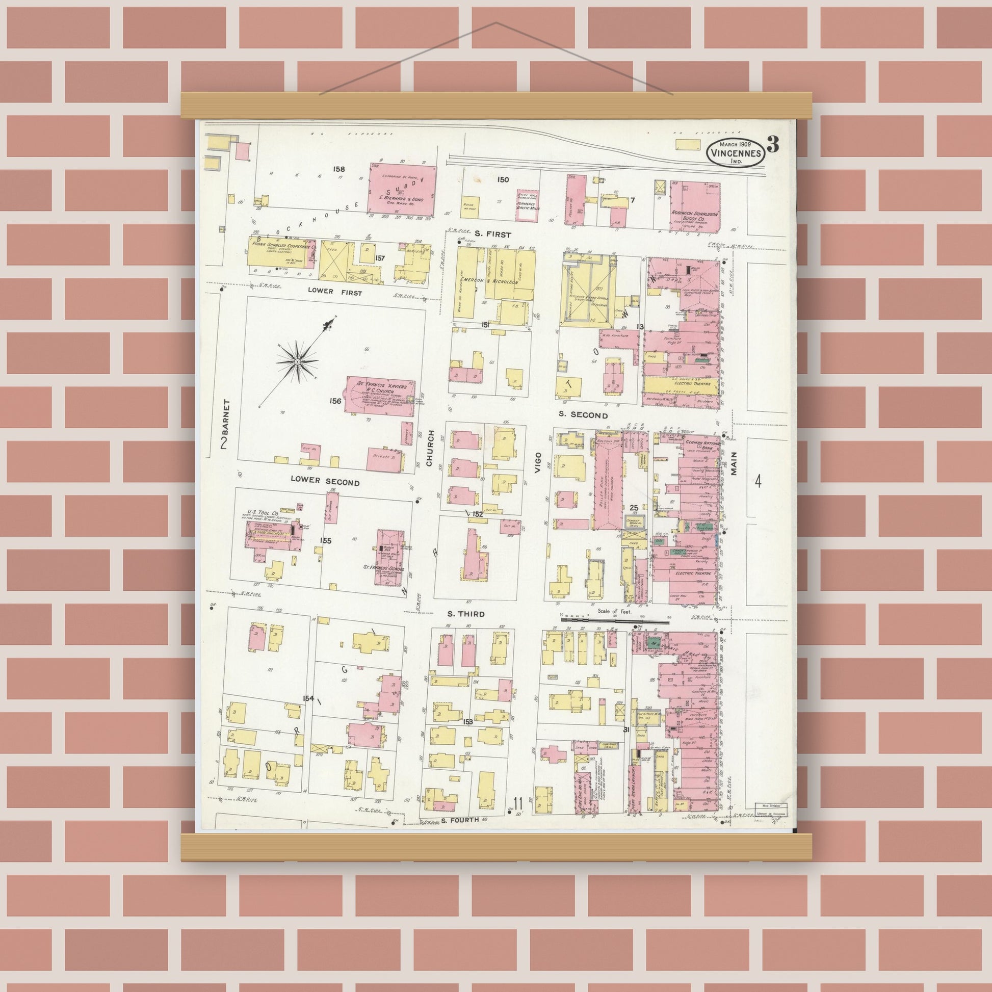 Old map wall art mockup — magnetic wood frame on brick wall — Sanborn Fire Insurance Map from Vincennes, Knox County, Indiana (1909), Sheet #0003