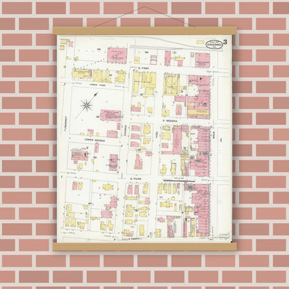Old map wall art mockup — magnetic wood frame on brick wall — Sanborn Fire Insurance Map from Vincennes, Knox County, Indiana (1909), Sheet #0003