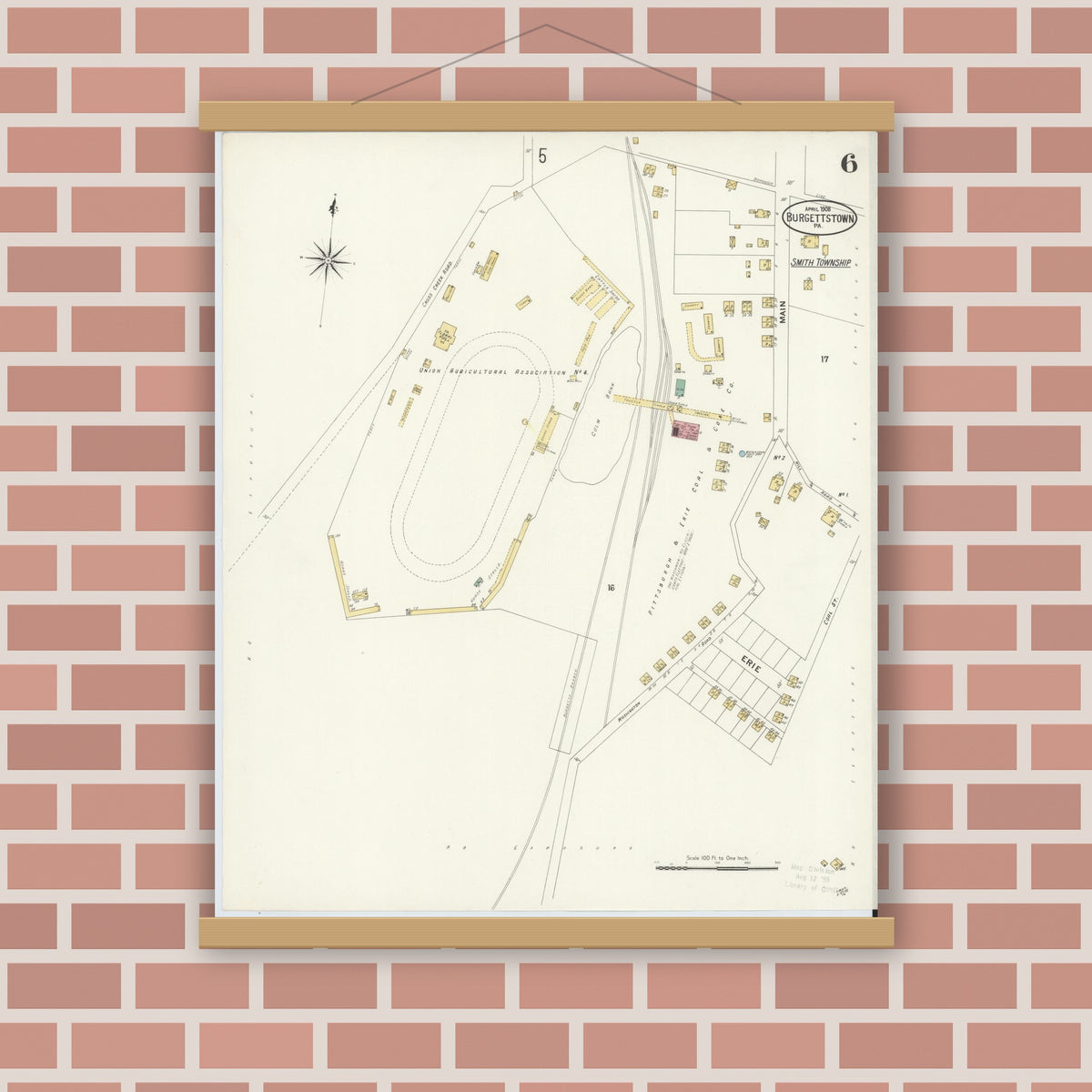 Old map wall art mockup — magnetic wood frame on brick wall — Sanborn Fire Insurance Map from Burgettstown, Washington County, Pennsylvania (1908), Sheet #0006