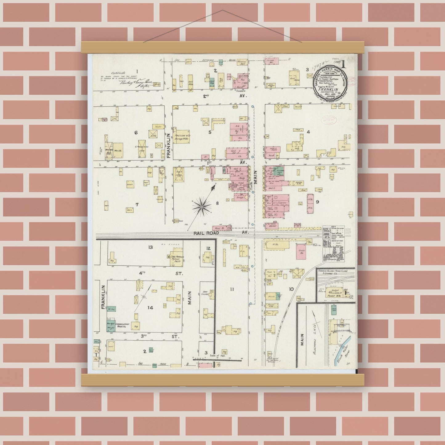 Old map wall art mockup — magnetic wood frame on brick wall — Sanborn Fire Insurance Map from Franklin, Independent Cities, Virginia (1891) - Complete Map Set