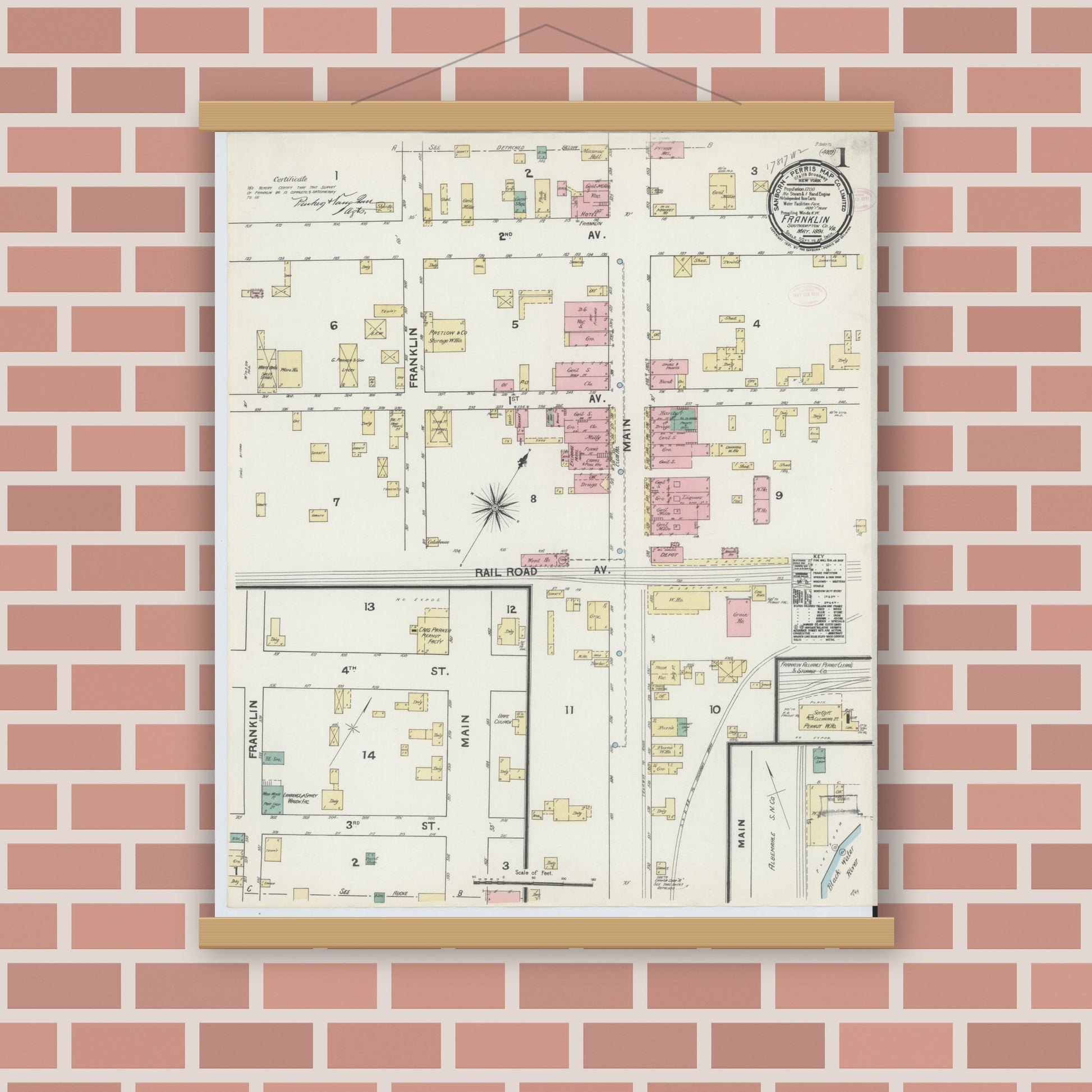 Old map wall art mockup — magnetic wood frame on brick wall — Sanborn Fire Insurance Map from Franklin, Independent Cities, Virginia (1891) - Complete Map Set