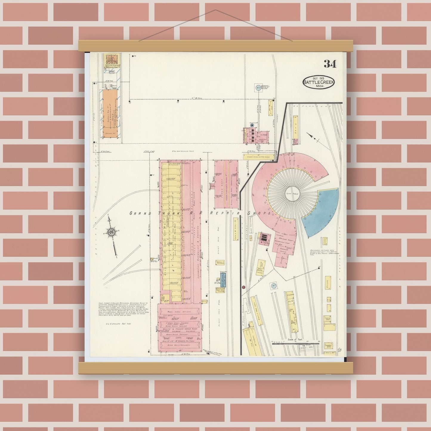 Old map wall art mockup — magnetic wood frame on brick wall — Sanborn Fire Insurance Map from Battle Creek, Calhoun County, Michigan (1913), Sheet #0034