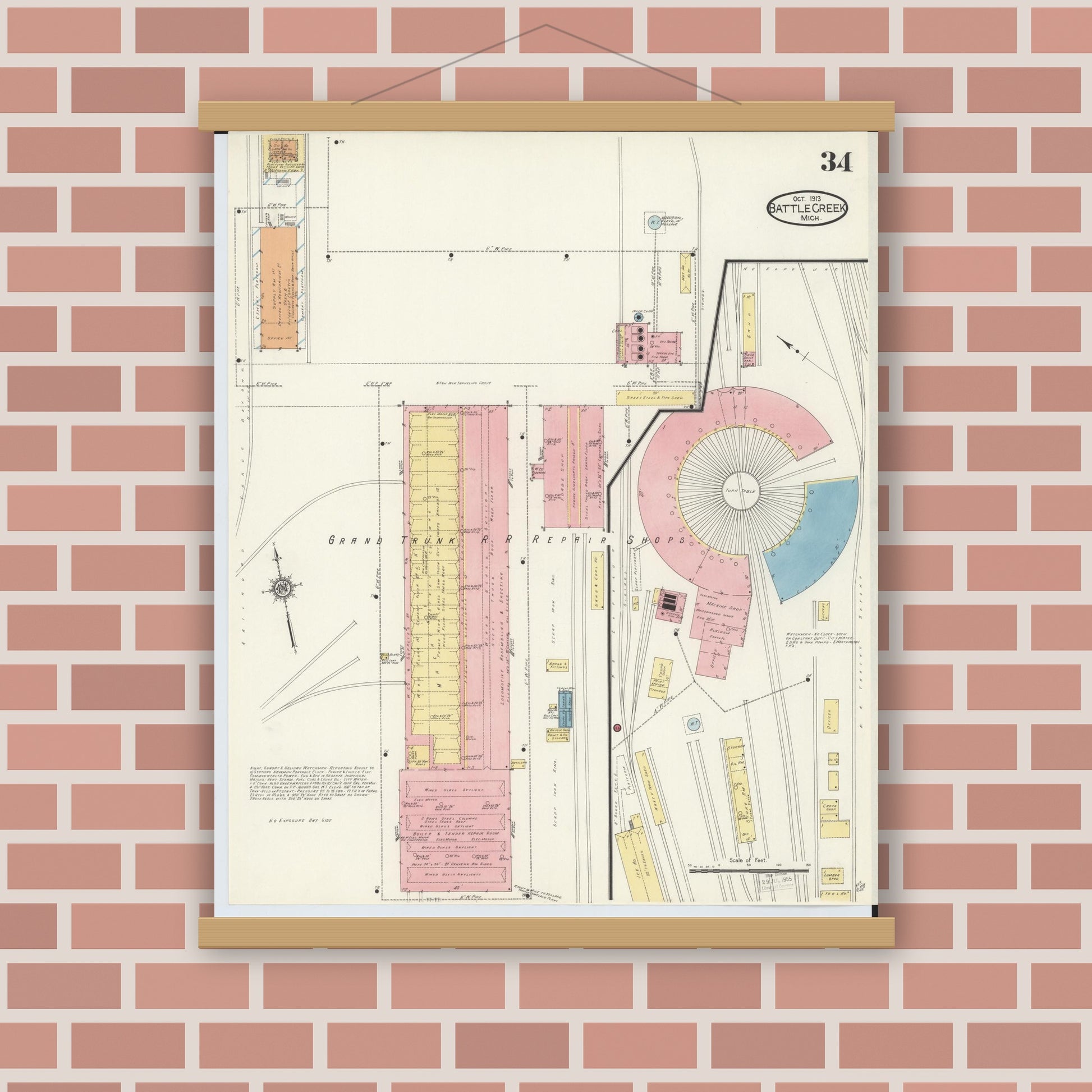 Old map wall art mockup — magnetic wood frame on brick wall — Sanborn Fire Insurance Map from Battle Creek, Calhoun County, Michigan (1913), Sheet #0034