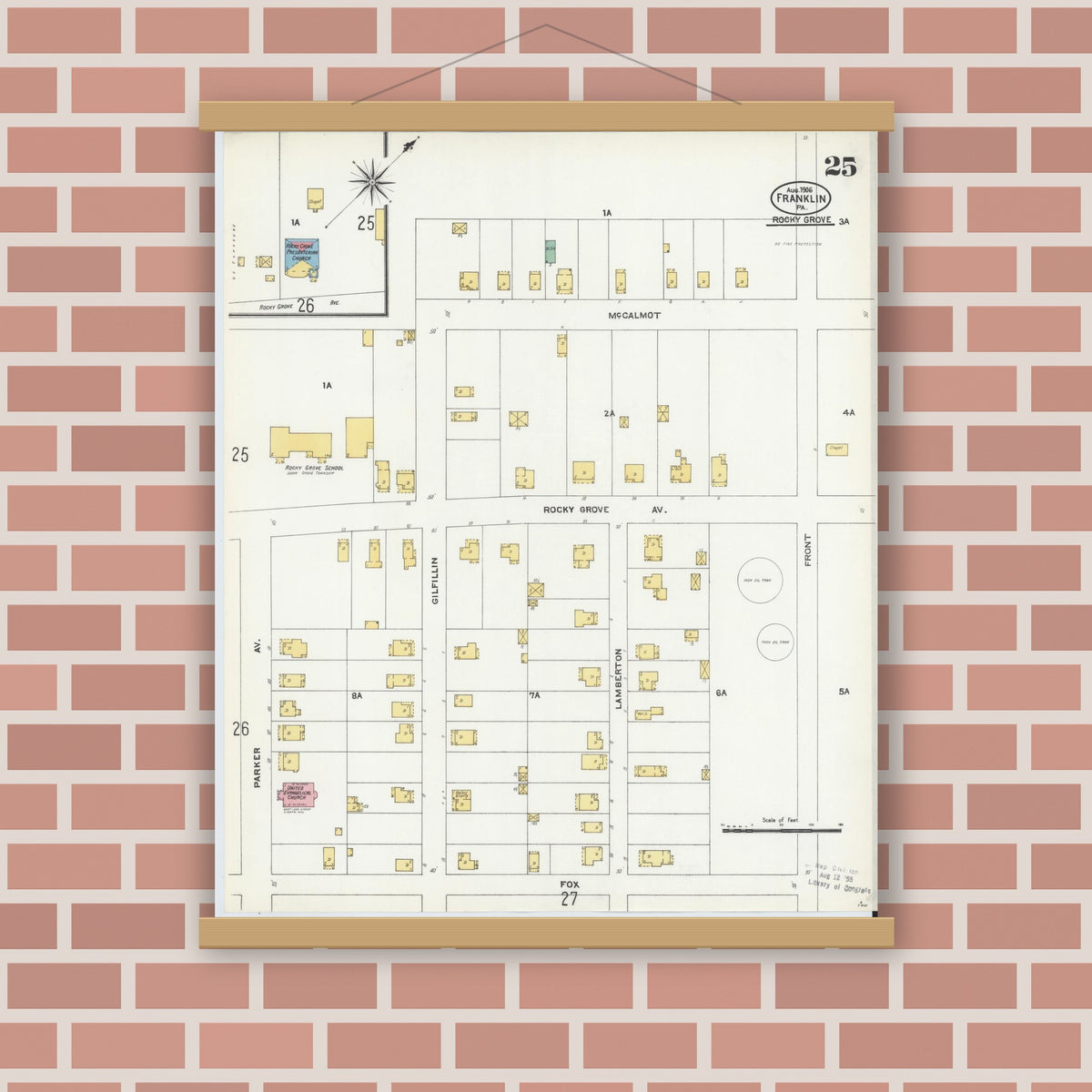Old map wall art mockup — magnetic wood frame on brick wall — Sanborn Fire Insurance Map from Franklin, Venango County, Pennsylvania (1906), Sheet #0025
