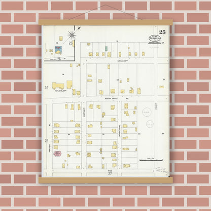 Old map wall art mockup — magnetic wood frame on brick wall — Sanborn Fire Insurance Map from Franklin, Venango County, Pennsylvania (1906), Sheet #0025