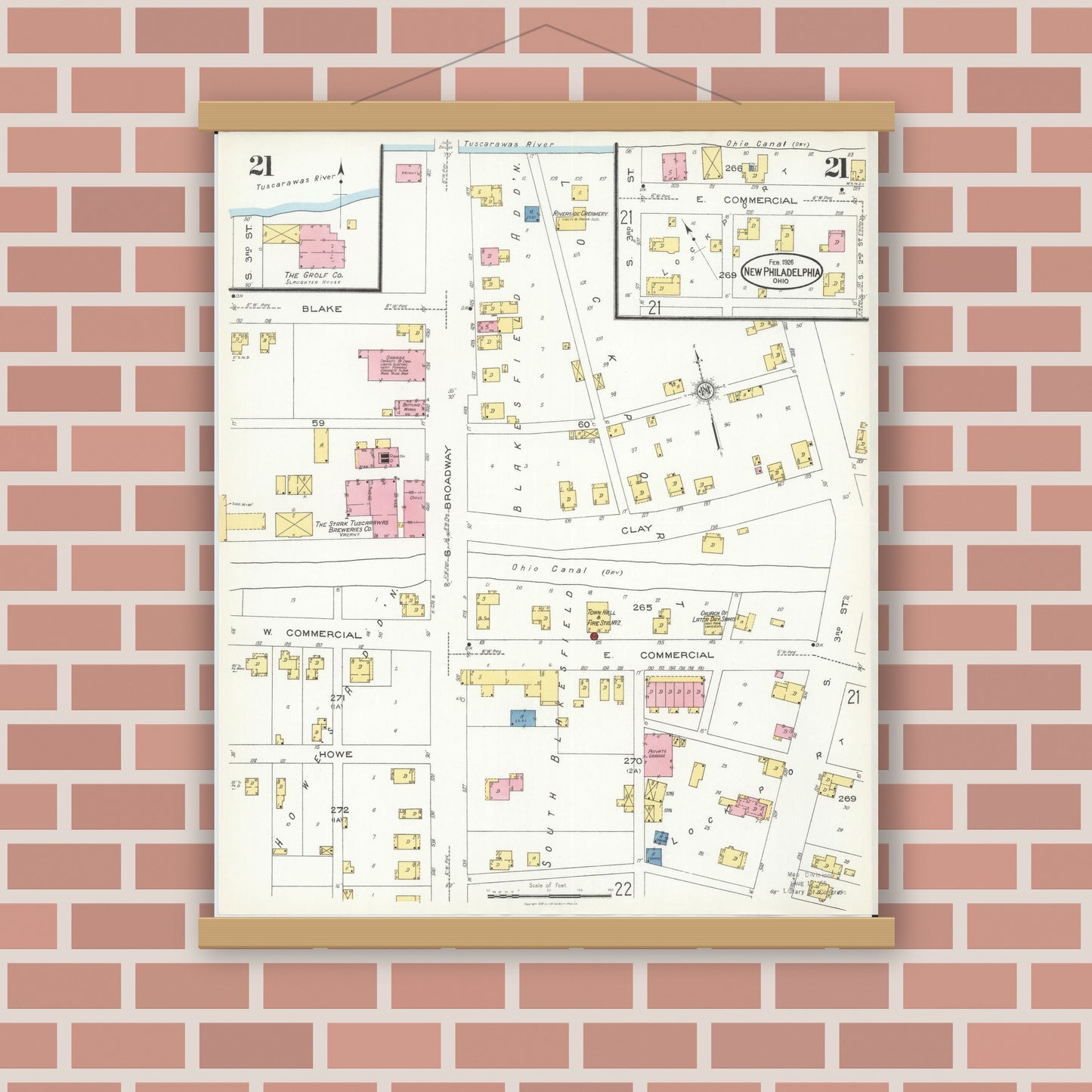 Old map wall art mockup — magnetic wood frame on brick wall — Sanborn Fire Insurance Map from New Philadelphia, Tuscarawas County, Ohio (1926), Sheet #0021