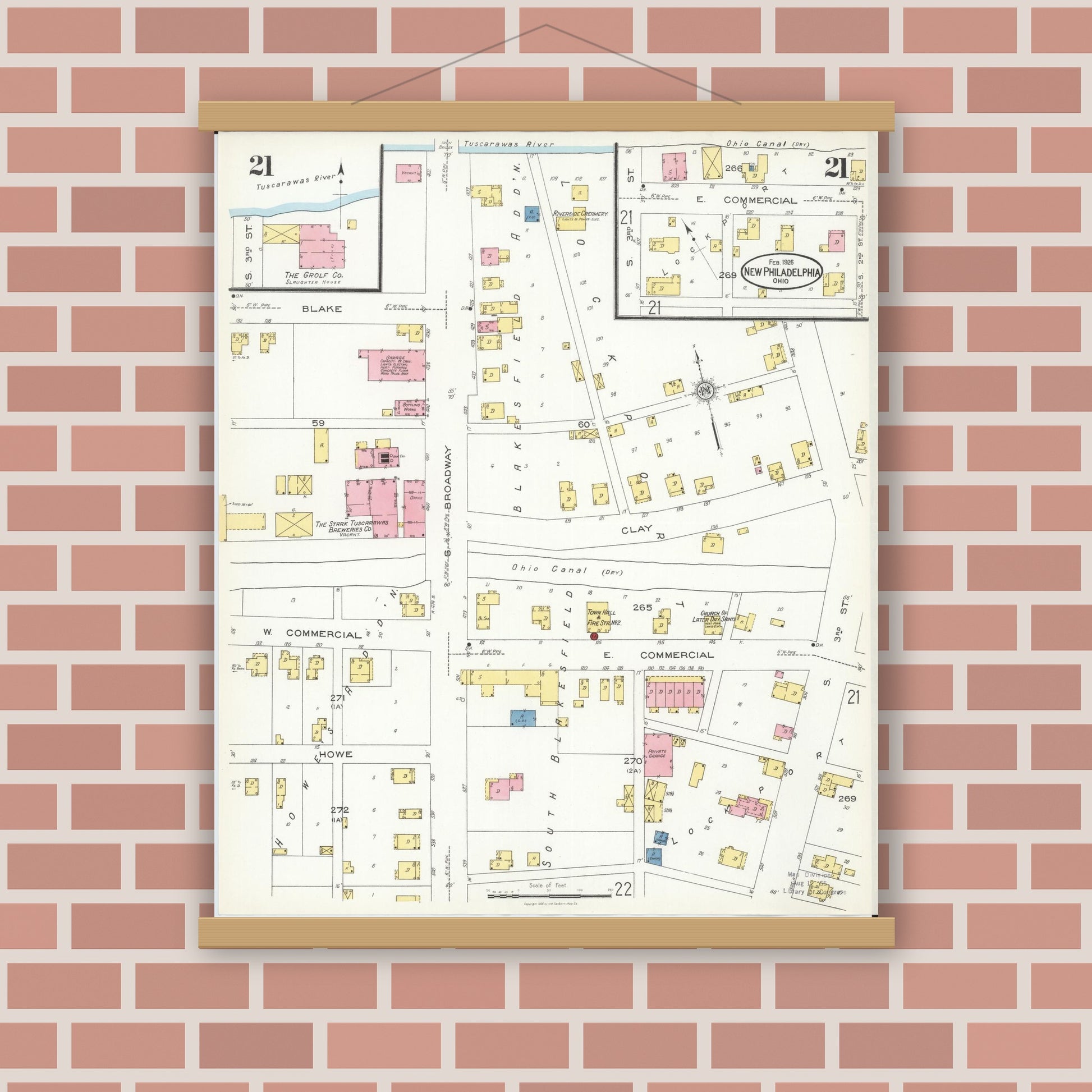 Old map wall art mockup — magnetic wood frame on brick wall — Sanborn Fire Insurance Map from New Philadelphia, Tuscarawas County, Ohio (1926), Sheet #0021