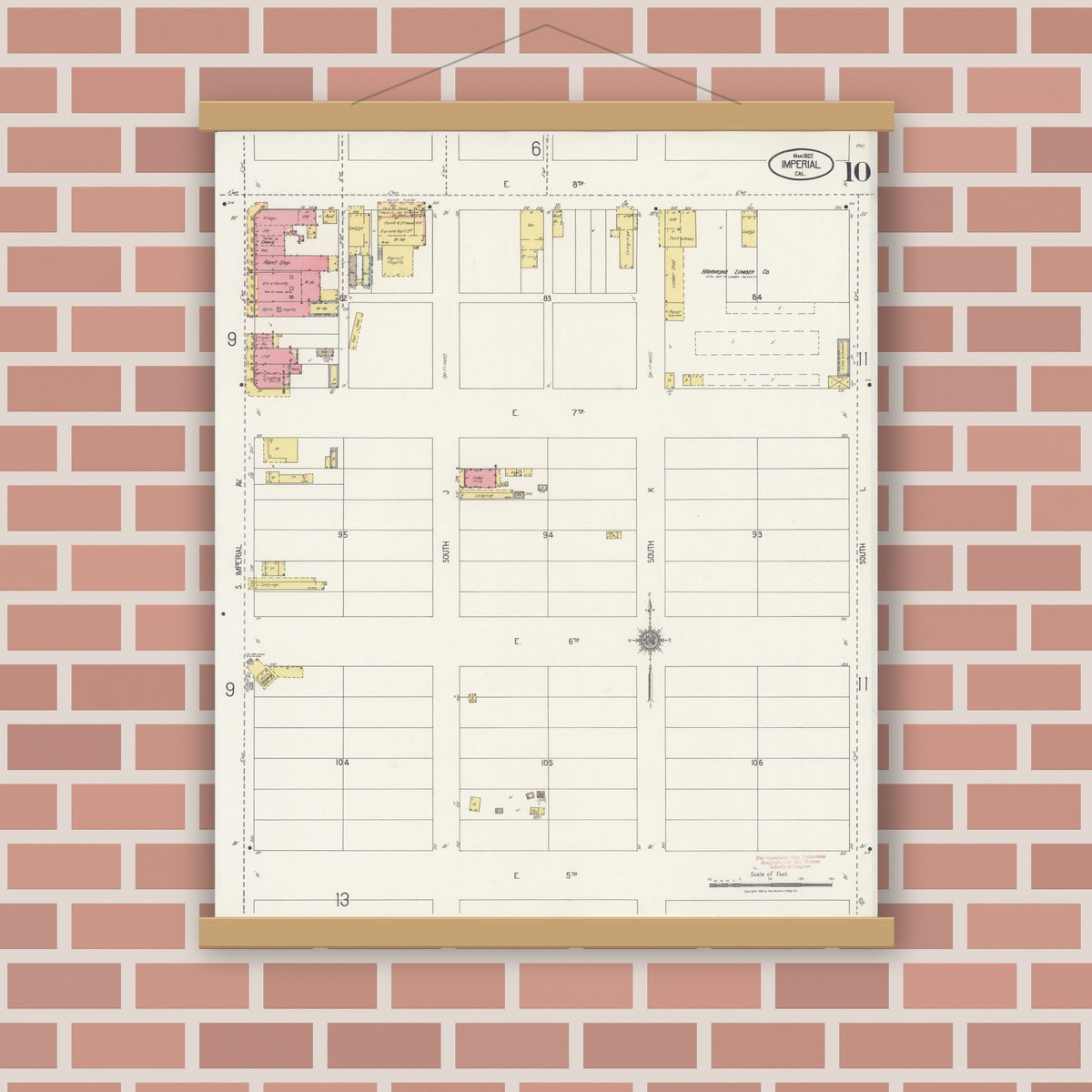 Old map wall art mockup — magnetic wood frame on brick wall — Sanborn Fire Insurance Map from Imperial, Imperial County, California (1922), Sheet #0010