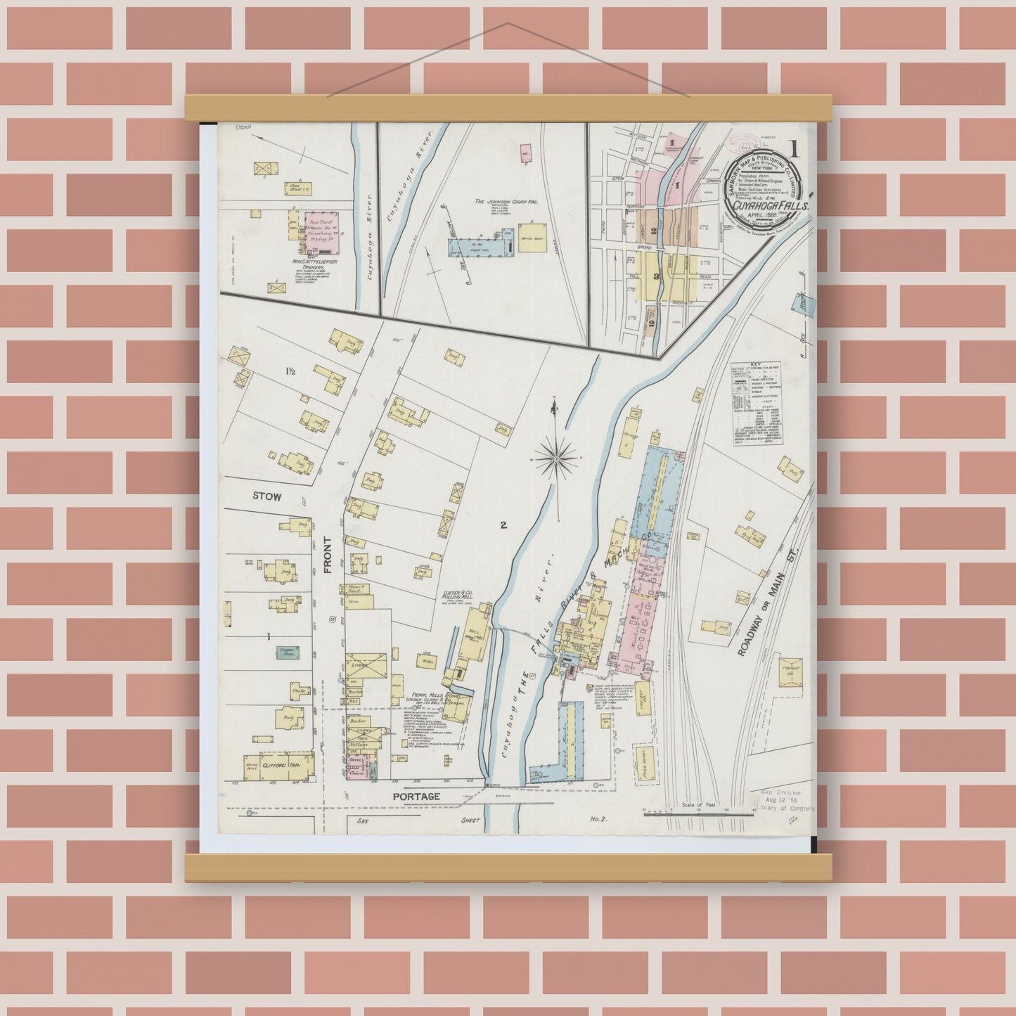 Old map wall art mockup — magnetic wood frame on brick wall — Sanborn Fire Insurance Map from Cuyahoga Falls, Summit County, Ohio (1889), Sheet #0001