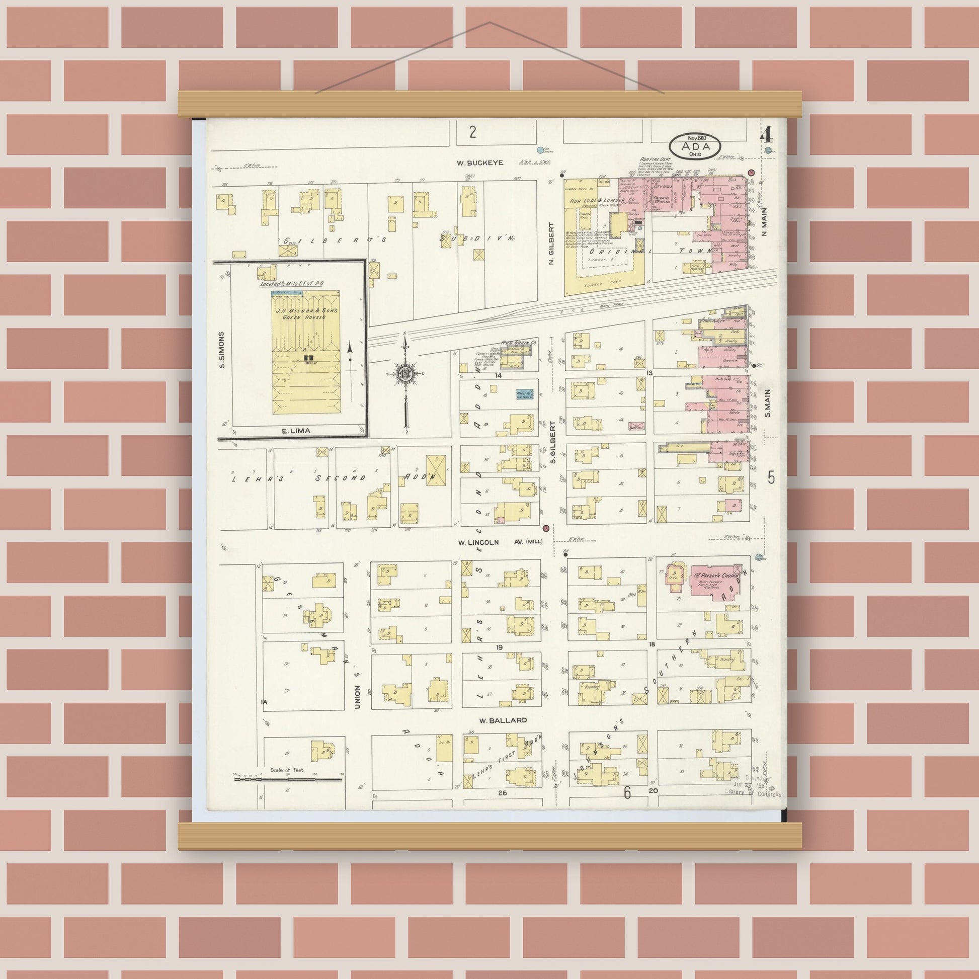Old map wall art mockup — magnetic wood frame on brick wall — Sanborn Fire Insurance Map from Ada, Hardin County, Ohio (1910), Sheet #0004