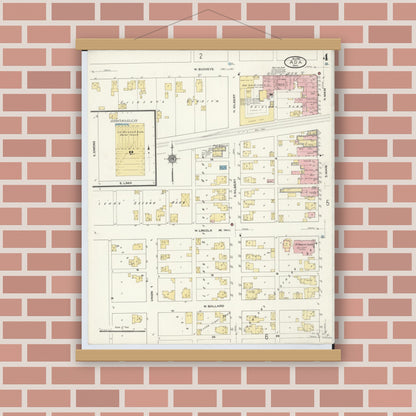 Old map wall art mockup — magnetic wood frame on brick wall — Sanborn Fire Insurance Map from Ada, Hardin County, Ohio (1910), Sheet #0004