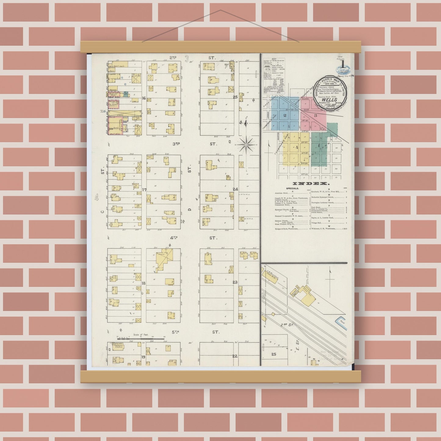 Old map wall art mockup — magnetic wood frame on brick wall — Sanborn Fire Insurance Map from Wells, Faribault County, Minnesota (1894) - Complete Map Set