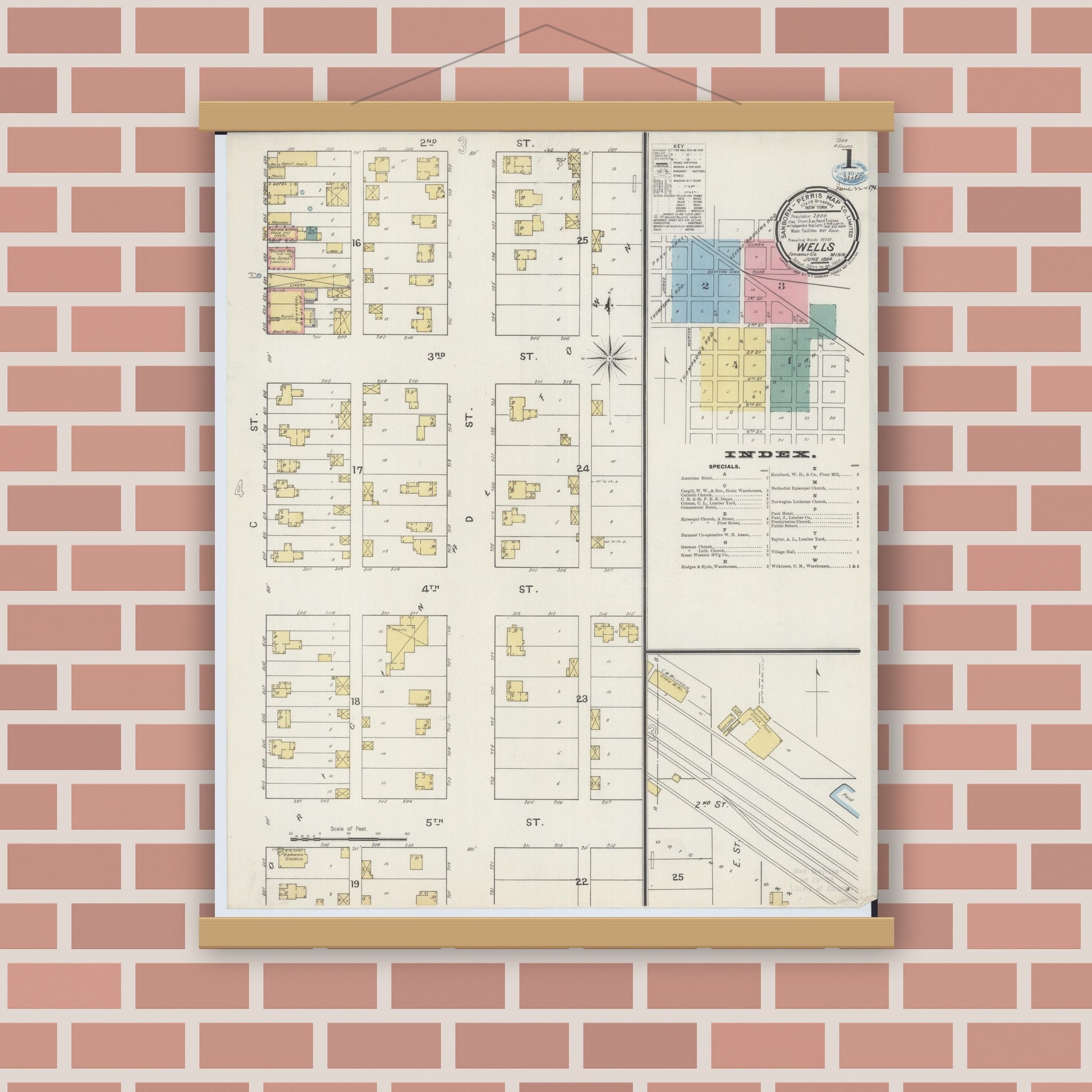 Old map wall art mockup — magnetic wood frame on brick wall — Sanborn Fire Insurance Map from Wells, Faribault County, Minnesota (1894) - Complete Map Set