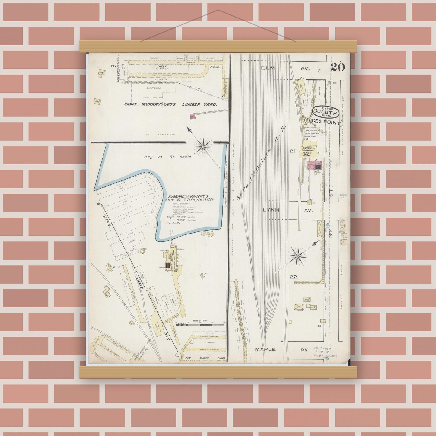 Old map wall art mockup — magnetic wood frame on brick wall — Sanborn Fire Insurance Map from Duluth, Saint Louis County, Minnesota (1885), Sheet #0020