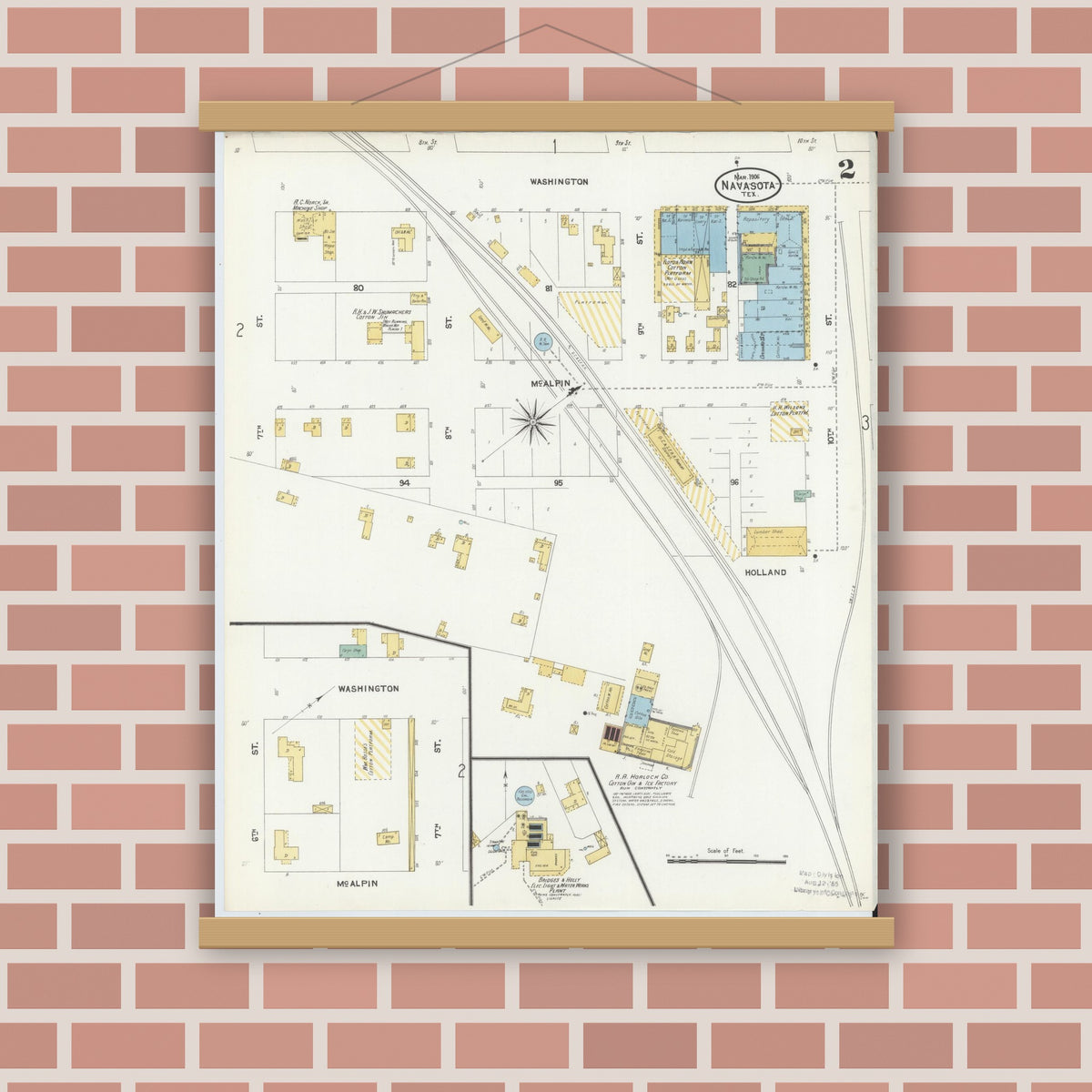 Old map wall art mockup — magnetic wood frame on brick wall — Sanborn Fire Insurance Map from Navasota, Grimes County, Texas (1906), Sheet #0002