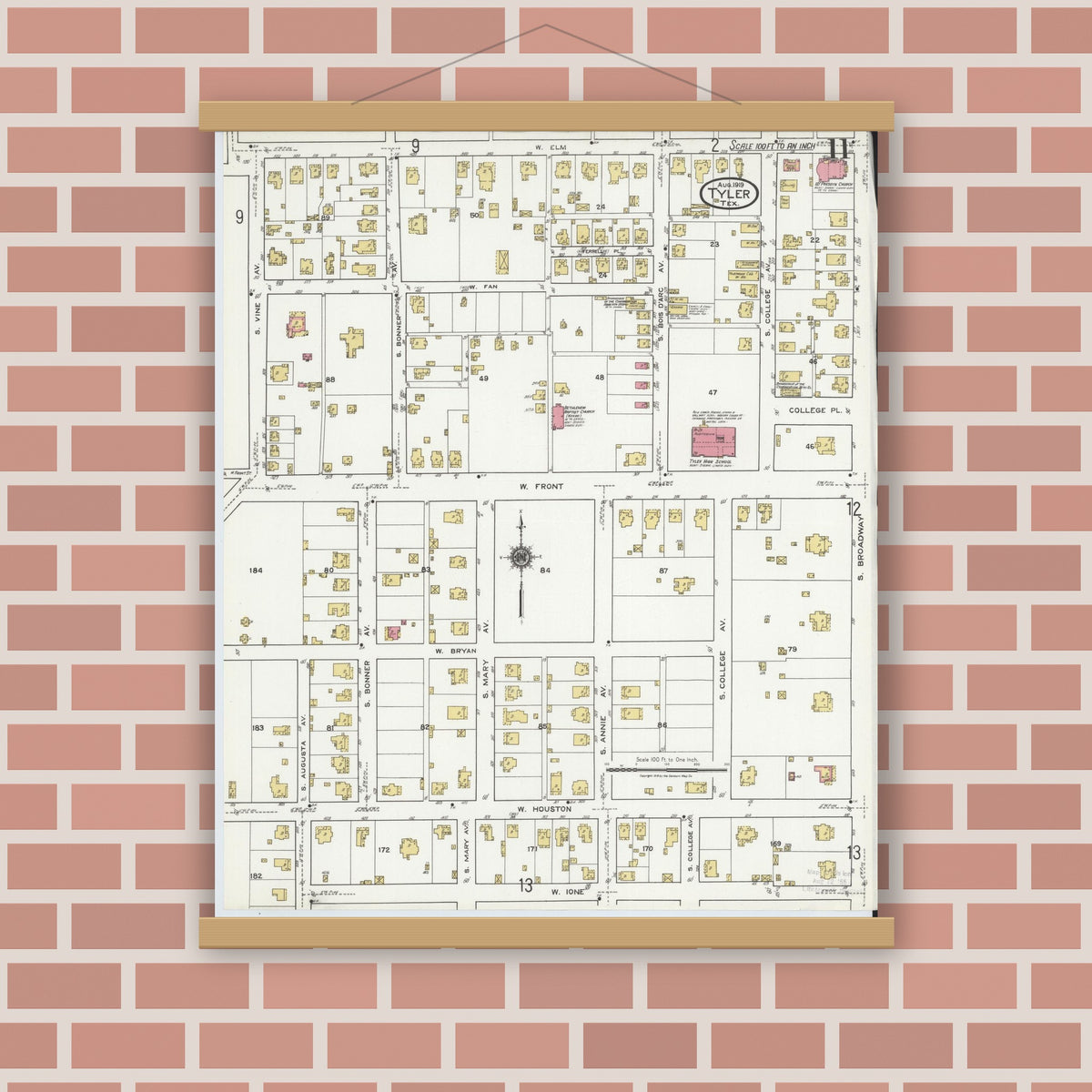 Old map wall art mockup — magnetic wood frame on brick wall — Sanborn Fire Insurance Map from Tyler, Smith County, Texas (1919), Sheet #0011