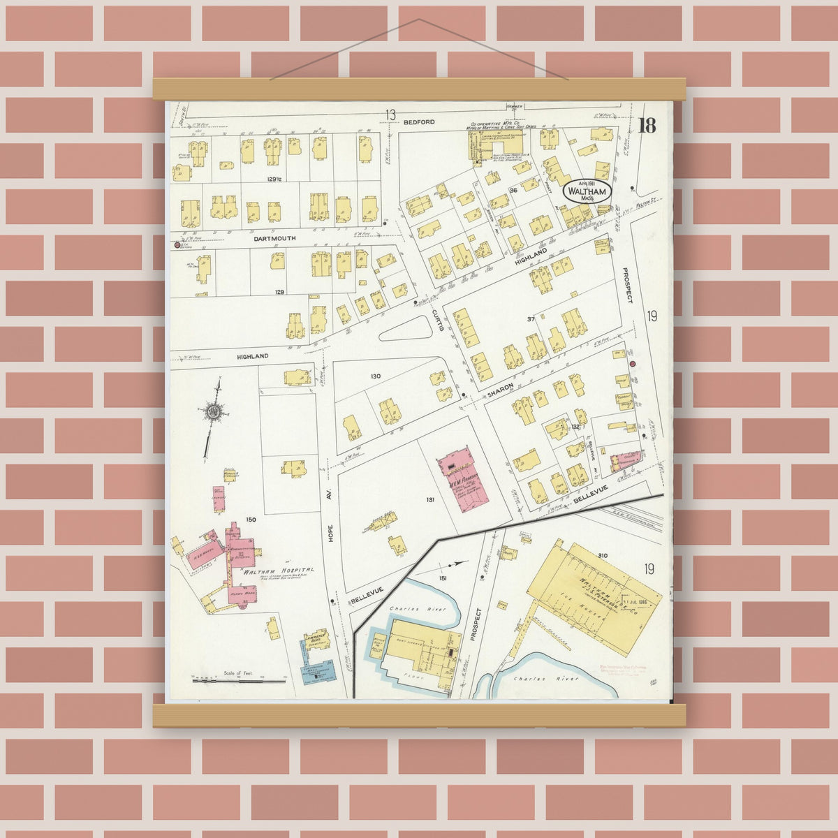 Old map wall art mockup — magnetic wood frame on brick wall — Sanborn Fire Insurance Map from Waltham, Middlesex County, Massachusetts (1911), Sheet #0018