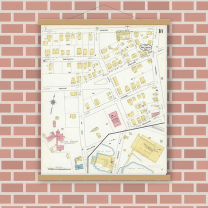 Old map wall art mockup — magnetic wood frame on brick wall — Sanborn Fire Insurance Map from Waltham, Middlesex County, Massachusetts (1911), Sheet #0018