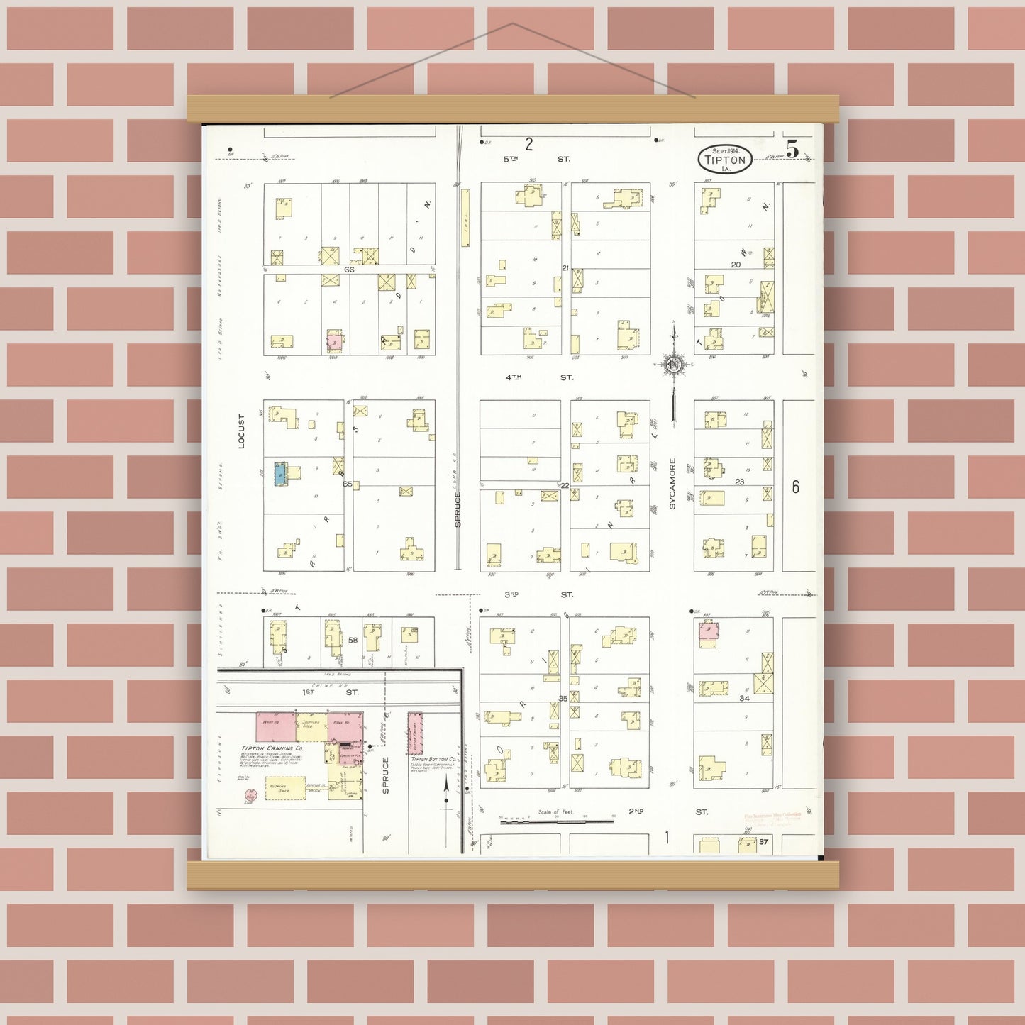 Old map wall art mockup — magnetic wood frame on brick wall — Sanborn Fire Insurance Map from Tipton, Cedar County, Iowa (1914), Sheet #0005