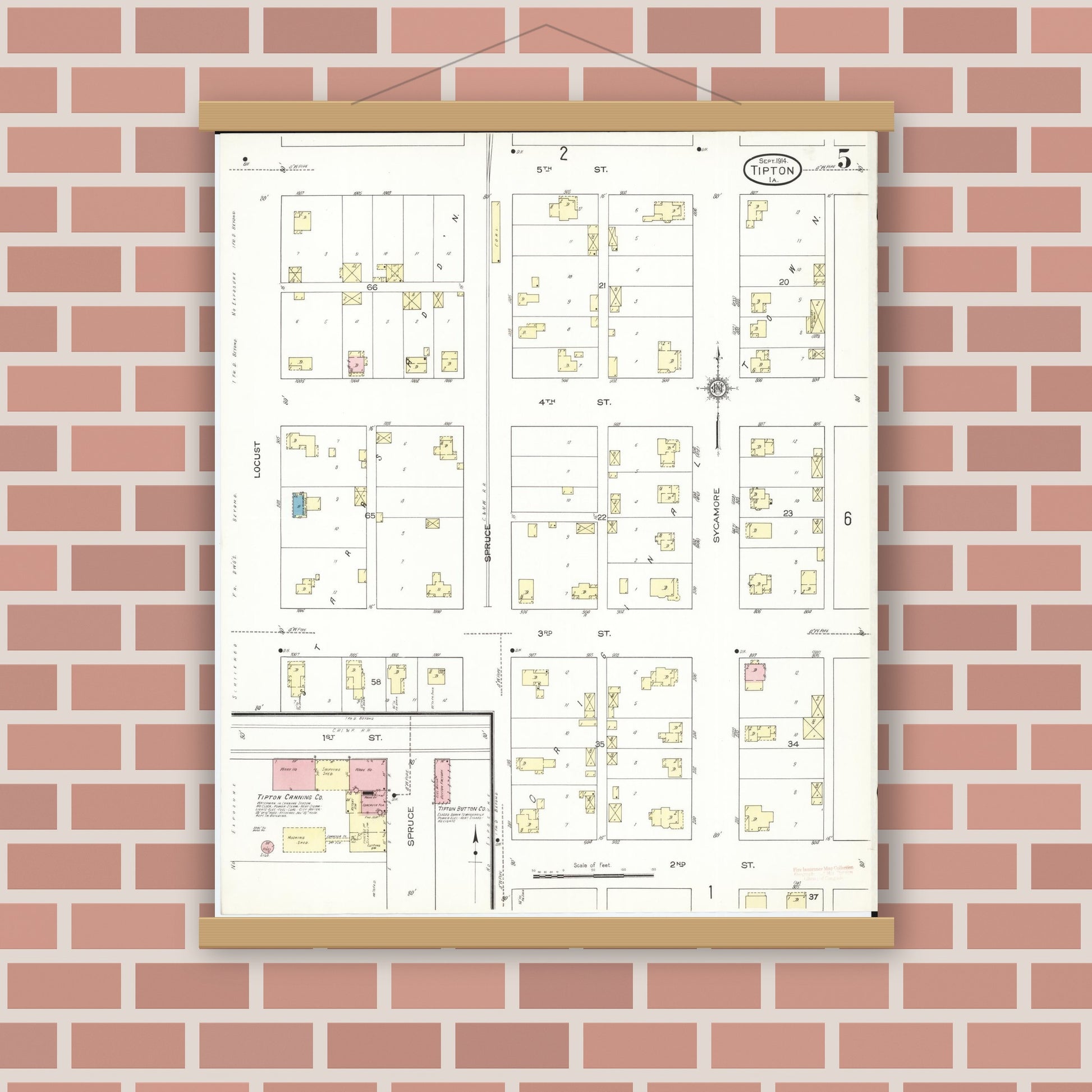 Old map wall art mockup — magnetic wood frame on brick wall — Sanborn Fire Insurance Map from Tipton, Cedar County, Iowa (1914), Sheet #0005