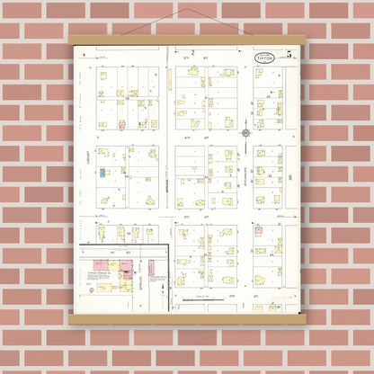 Old map wall art mockup — magnetic wood frame on brick wall — Sanborn Fire Insurance Map from Tipton, Cedar County, Iowa (1914), Sheet #0005