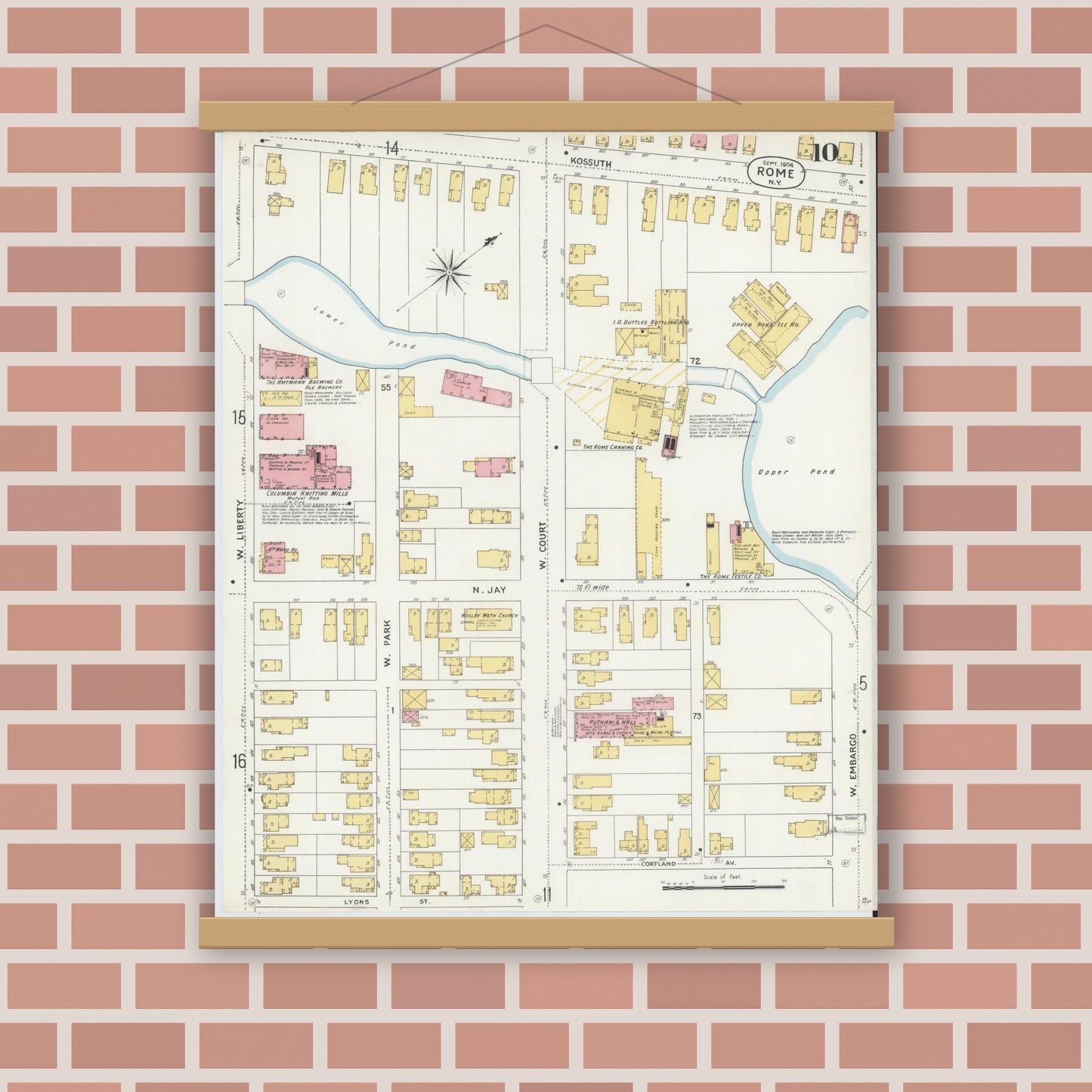 Old map wall art mockup — magnetic wood frame on brick wall — Sanborn Fire Insurance Map from Rome, Oneida County, New York (1904), Sheet #0010