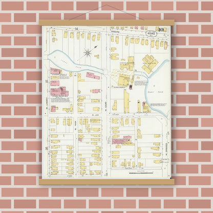 Old map wall art mockup — magnetic wood frame on brick wall — Sanborn Fire Insurance Map from Rome, Oneida County, New York (1904), Sheet #0010