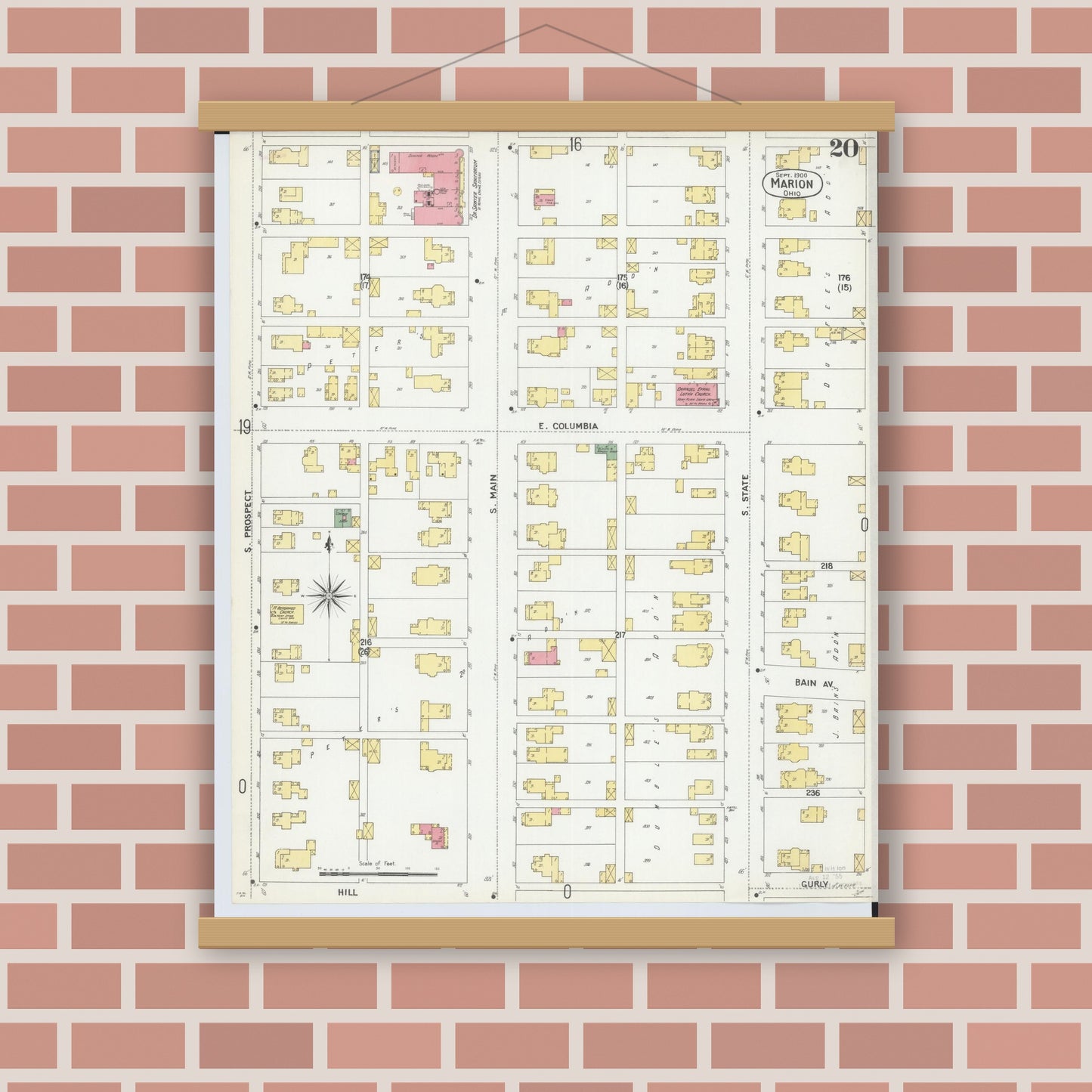 Old map wall art mockup — magnetic wood frame on brick wall — Sanborn Fire Insurance Map from Marion, Marion County, Ohio (1900), Sheet #0020