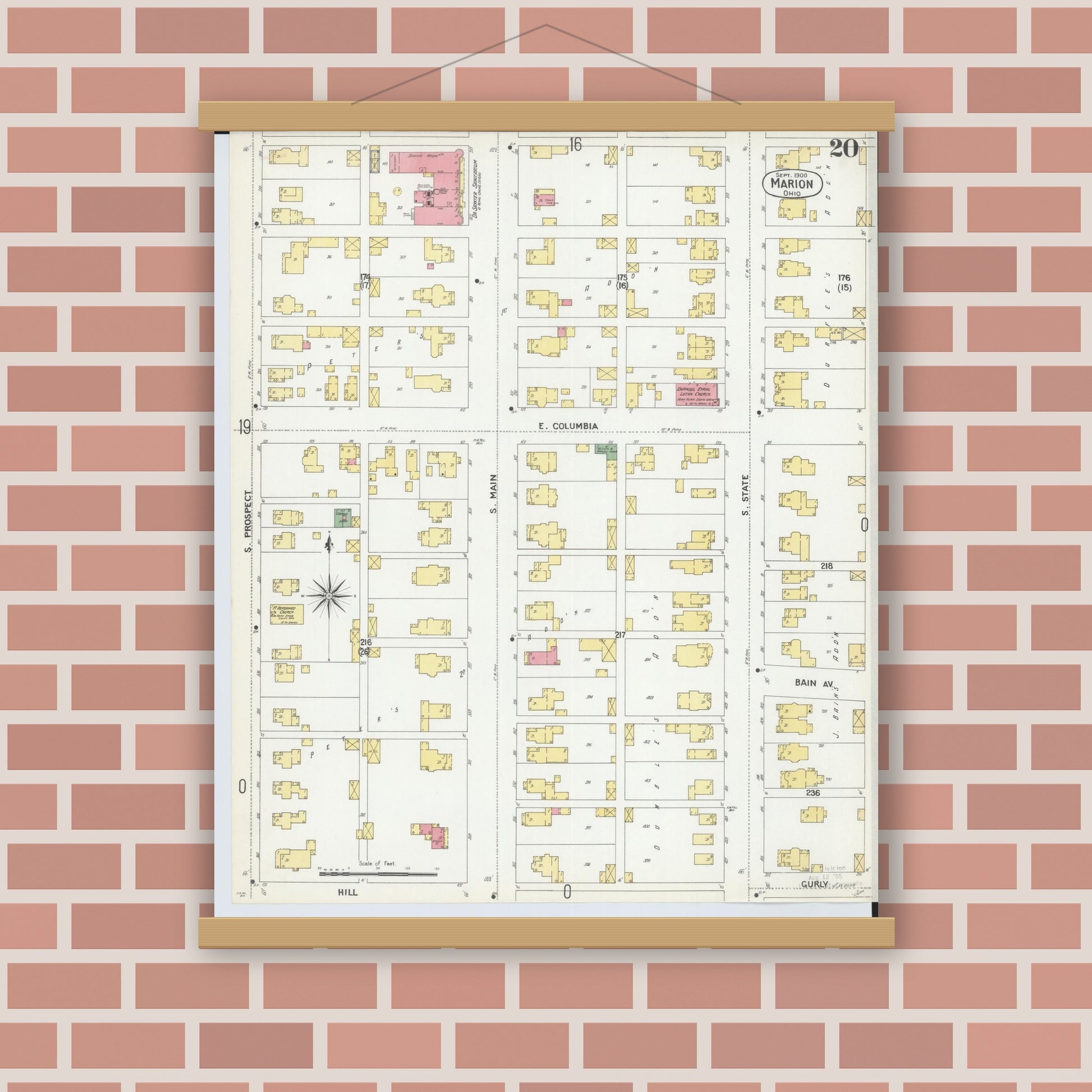 Old map wall art mockup — magnetic wood frame on brick wall — Sanborn Fire Insurance Map from Marion, Marion County, Ohio (1900), Sheet #0020