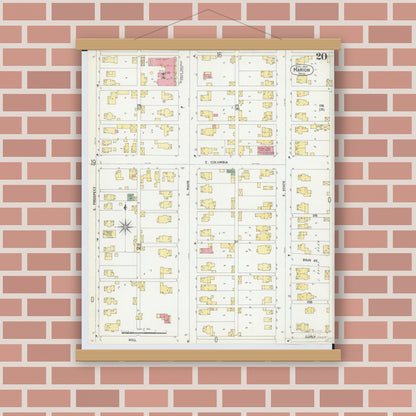 Old map wall art mockup — magnetic wood frame on brick wall — Sanborn Fire Insurance Map from Marion, Marion County, Ohio (1900), Sheet #0020