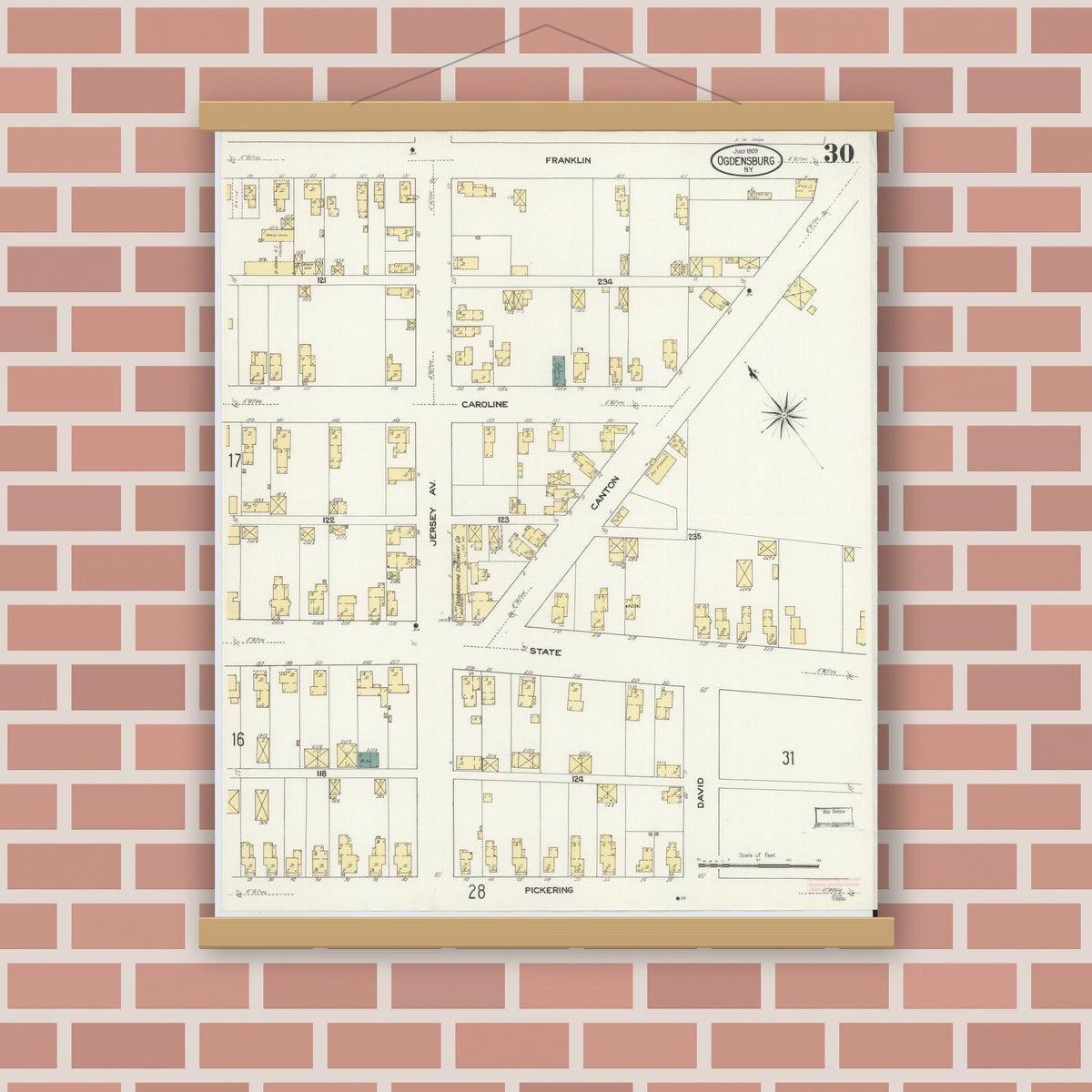 Old map wall art mockup — magnetic wood frame on brick wall — Sanborn Fire Insurance Map from Ogdensburg, St. Lawrence County, New York (1909), Sheet #0030