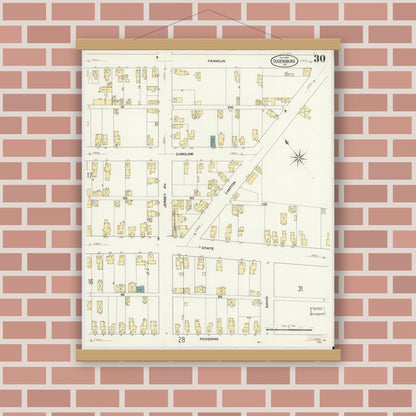 Old map wall art mockup — magnetic wood frame on brick wall — Sanborn Fire Insurance Map from Ogdensburg, St. Lawrence County, New York (1909), Sheet #0030