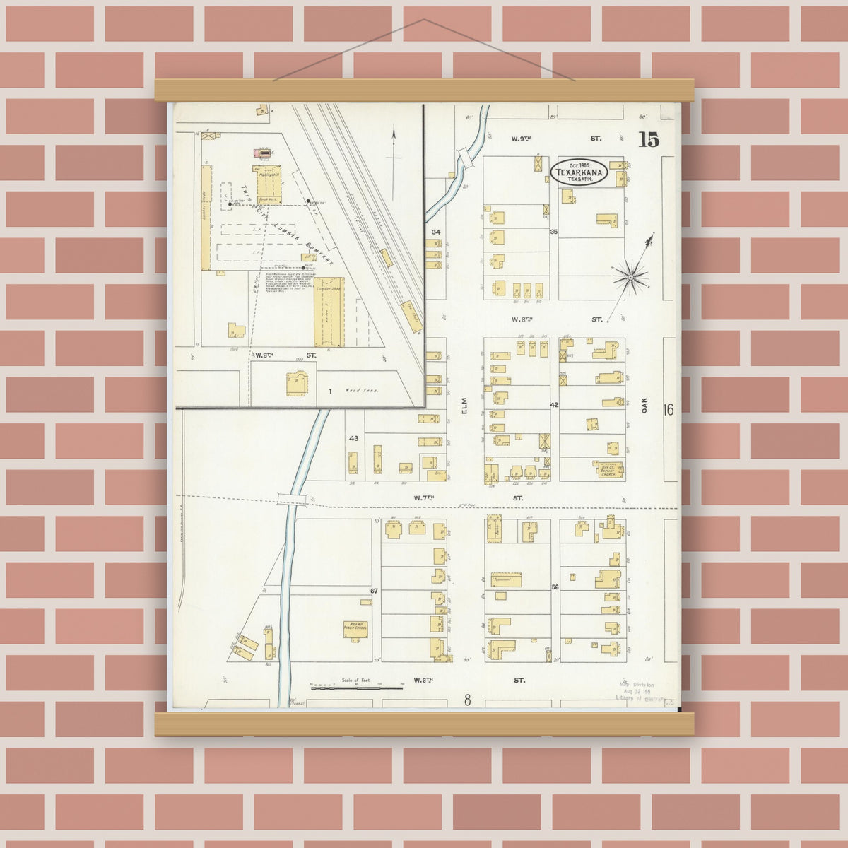 Old map wall art mockup — magnetic wood frame on brick wall — Sanborn Fire Insurance Map from Texarkana, Bowie County, Texas (1905), Sheet #0015