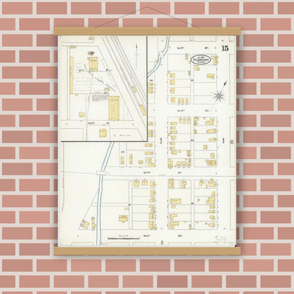 Old map wall art mockup — magnetic wood frame on brick wall — Sanborn Fire Insurance Map from Texarkana, Bowie County, Texas (1905), Sheet #0015
