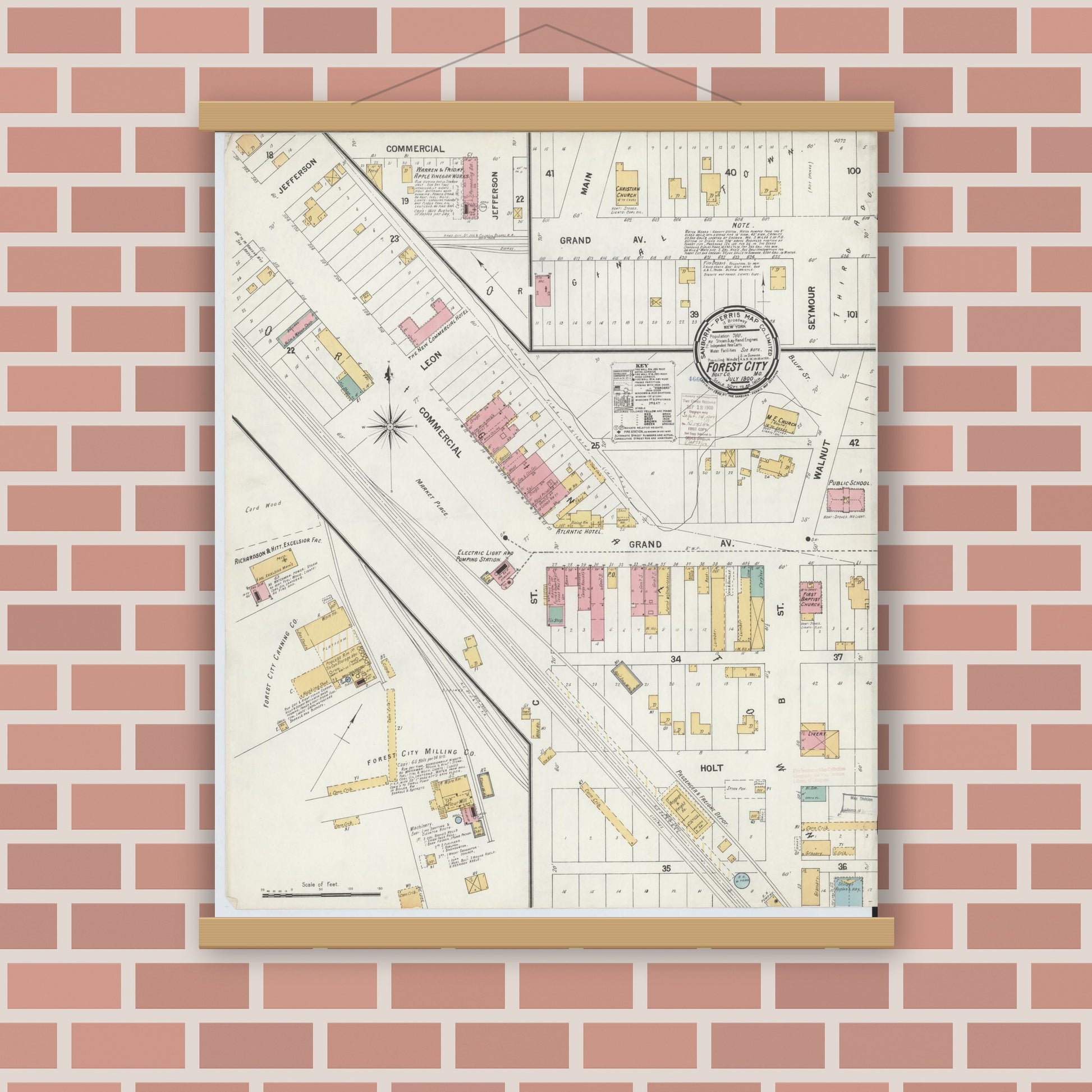 Old map wall art mockup — magnetic wood frame on brick wall — Sanborn Fire Insurance Map from Forest City, Holt County, Missouri (1900), Sheet #0001