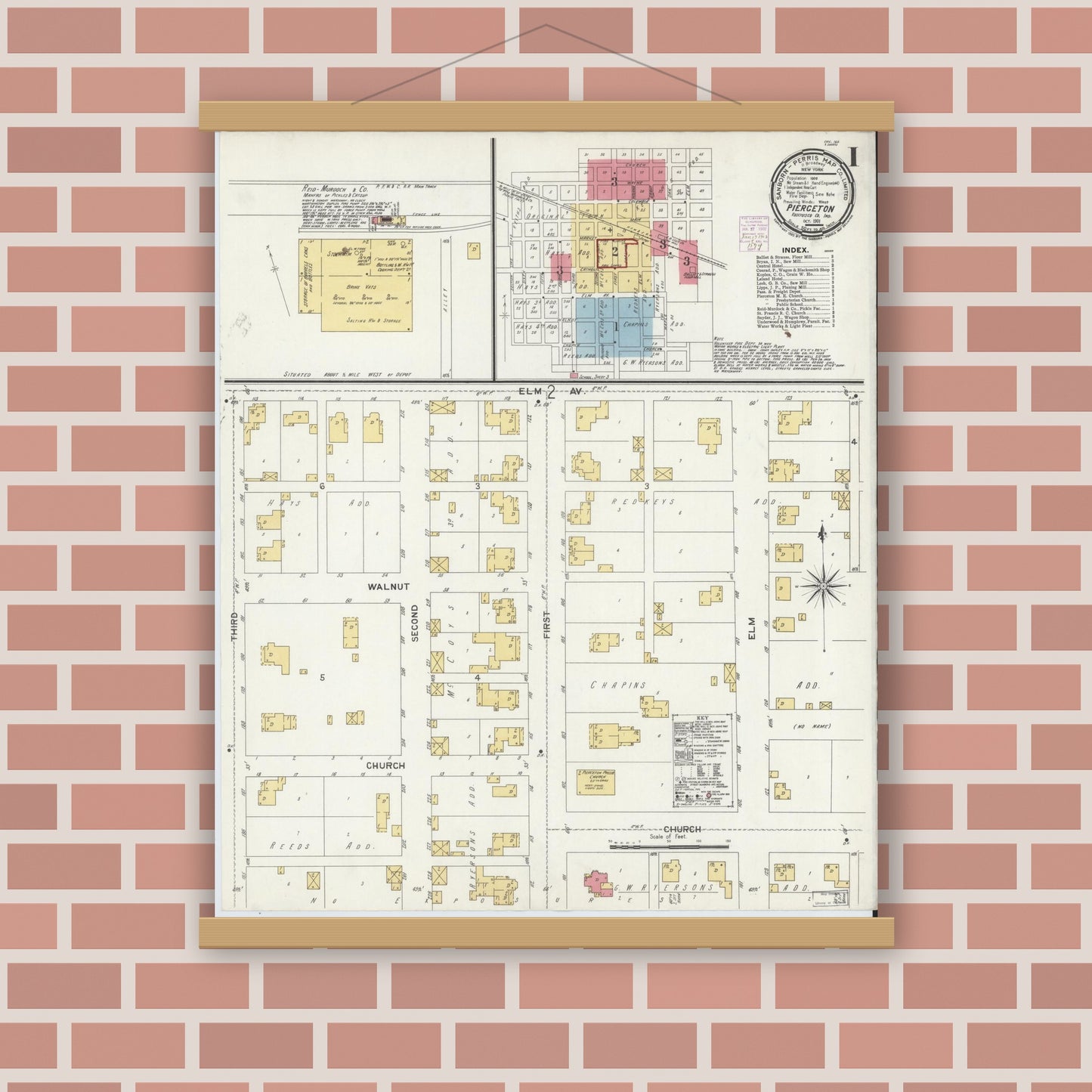 Old map wall art mockup — magnetic wood frame on brick wall — Sanborn Fire Insurance Map from Pierceton, Kosciusko County, Indiana (1901), Sheet #0001