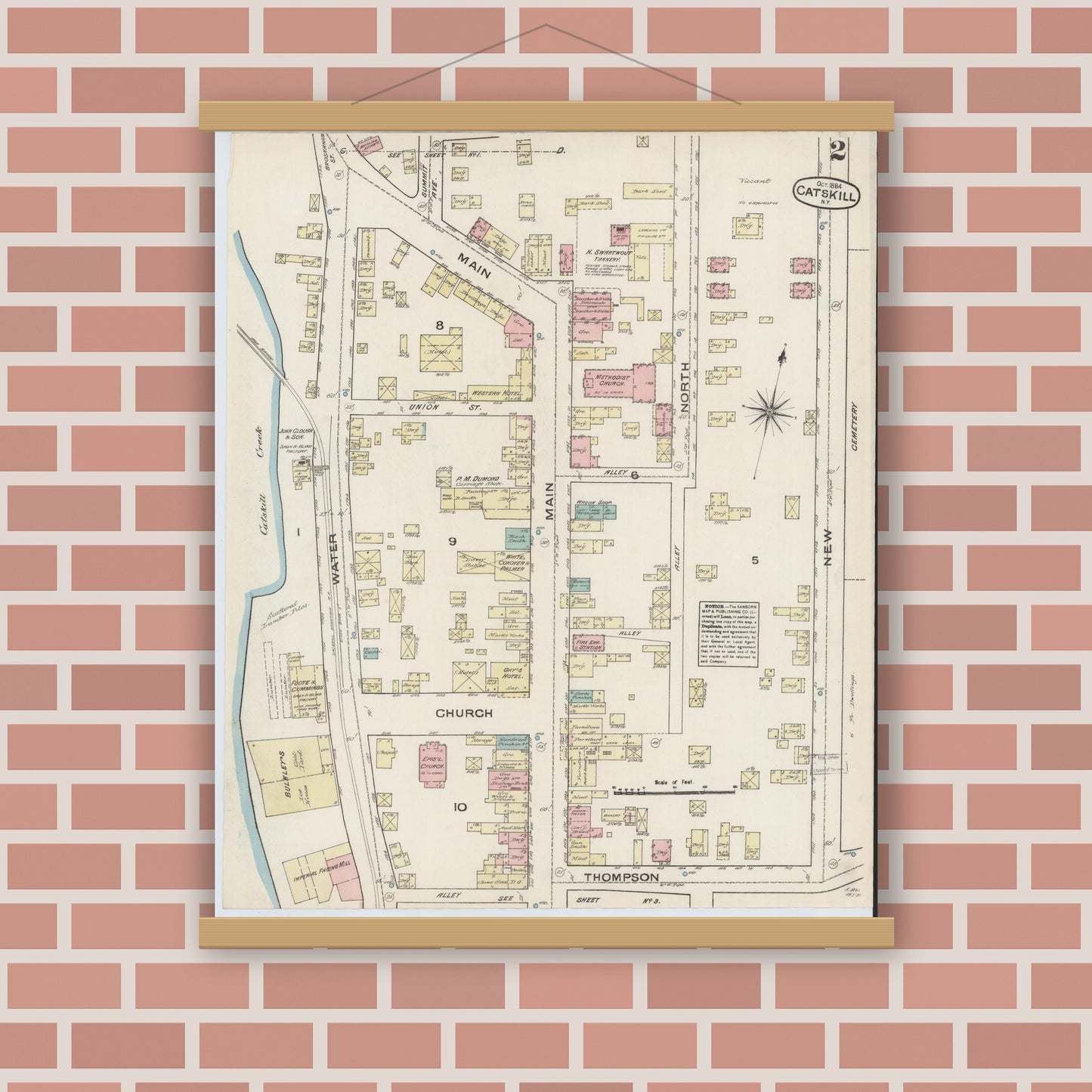 Old map wall art mockup — magnetic wood frame on brick wall — Sanborn Fire Insurance Map from Catskill, Greene County, New York (1884) - Complete Map Set