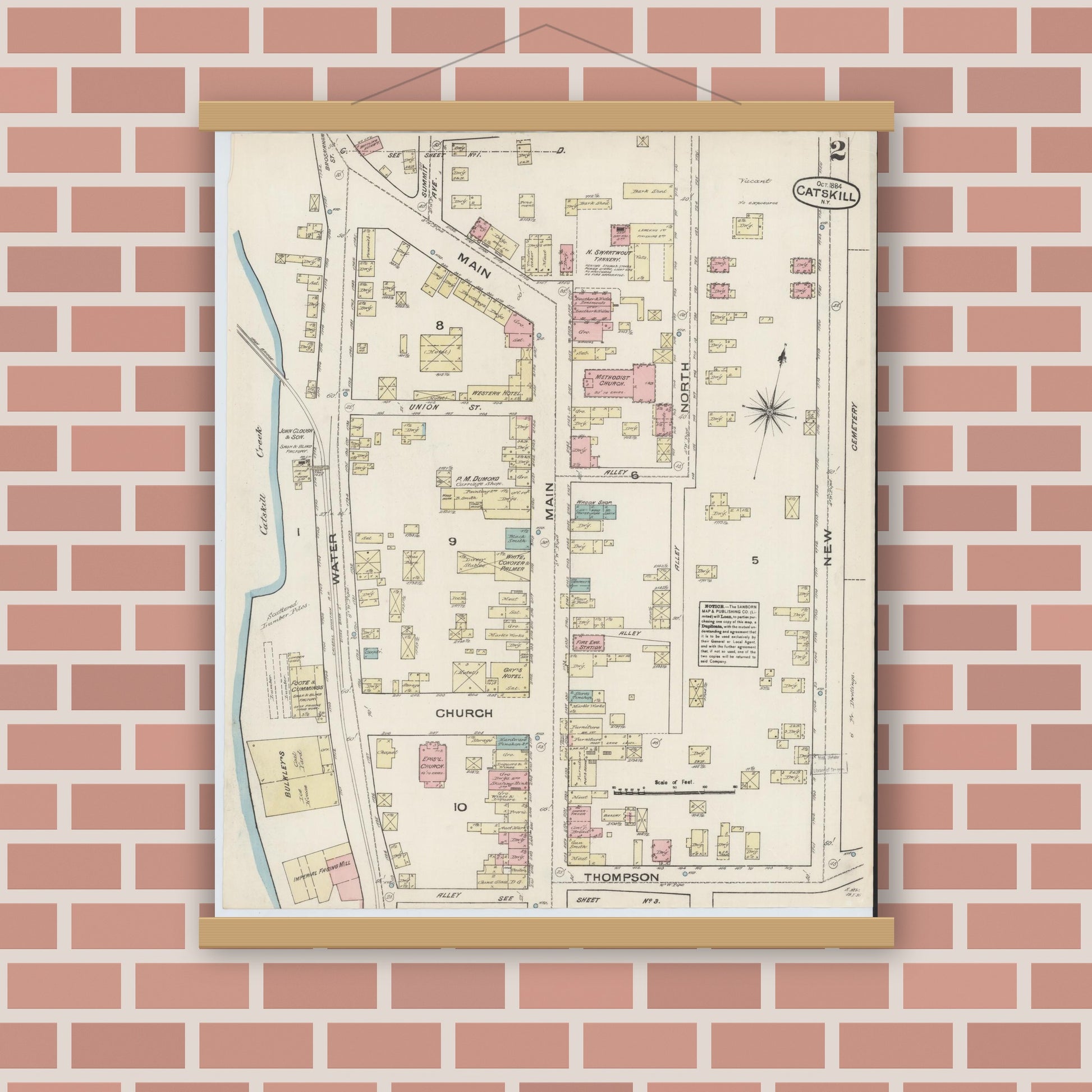 Old map wall art mockup — magnetic wood frame on brick wall — Sanborn Fire Insurance Map from Catskill, Greene County, New York (1884) - Complete Map Set