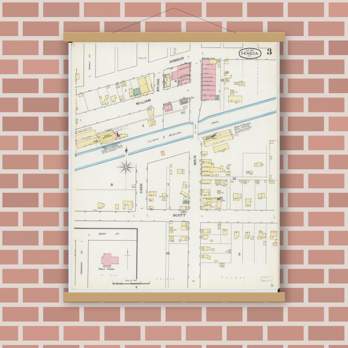 Old map wall art mockup — magnetic wood frame on brick wall — Sanborn Fire Insurance Map from Seneca, La Salle County, Illinois (1893), Sheet #0003