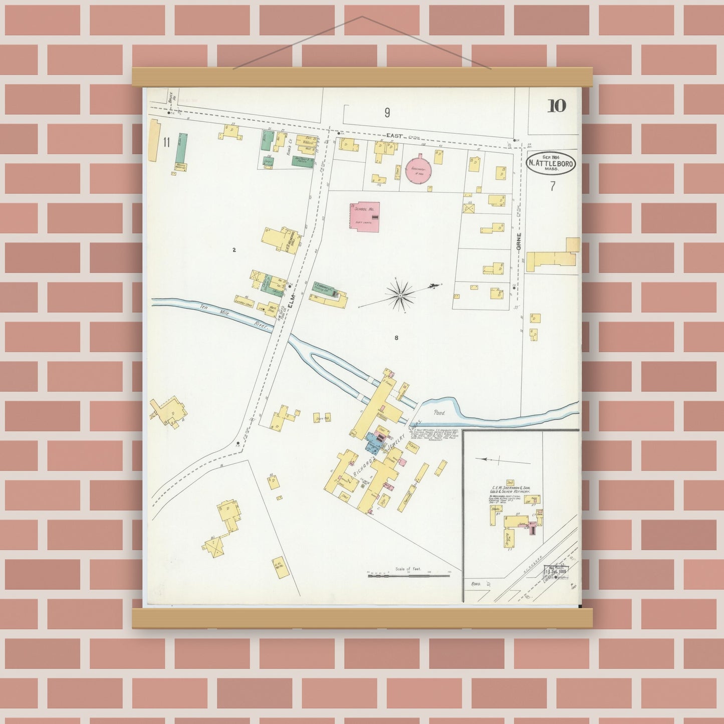 Old map wall art mockup — magnetic wood frame on brick wall — Sanborn Fire Insurance Map from North Attleborough, Bristol County, Massachusetts (1904), Sheet #0010