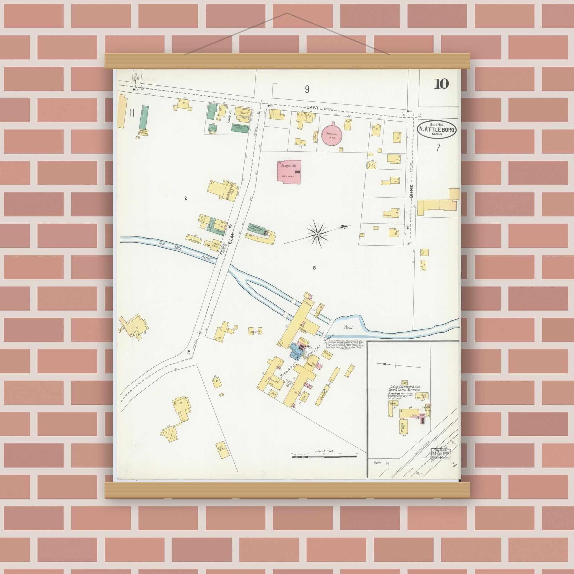 Old map wall art mockup — magnetic wood frame on brick wall — Sanborn Fire Insurance Map from North Attleborough, Bristol County, Massachusetts (1904), Sheet #0010
