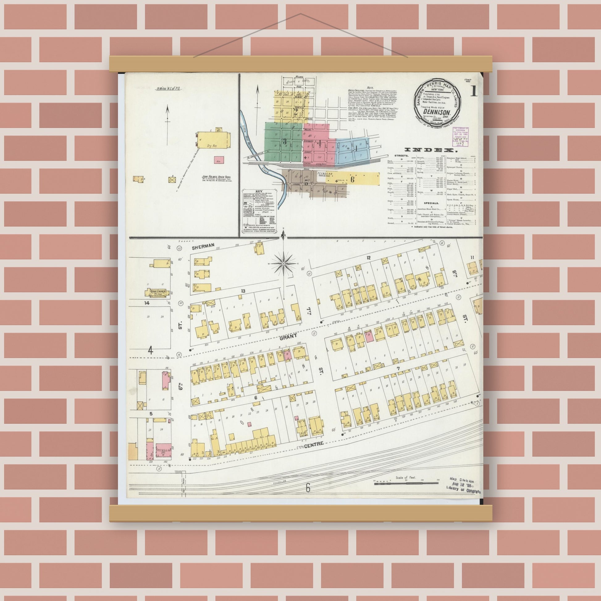 Old map wall art mockup — magnetic wood frame on brick wall — Sanborn Fire Insurance Map from Dennison, Tuscarawas County, Ohio (1901) - Complete Map Set