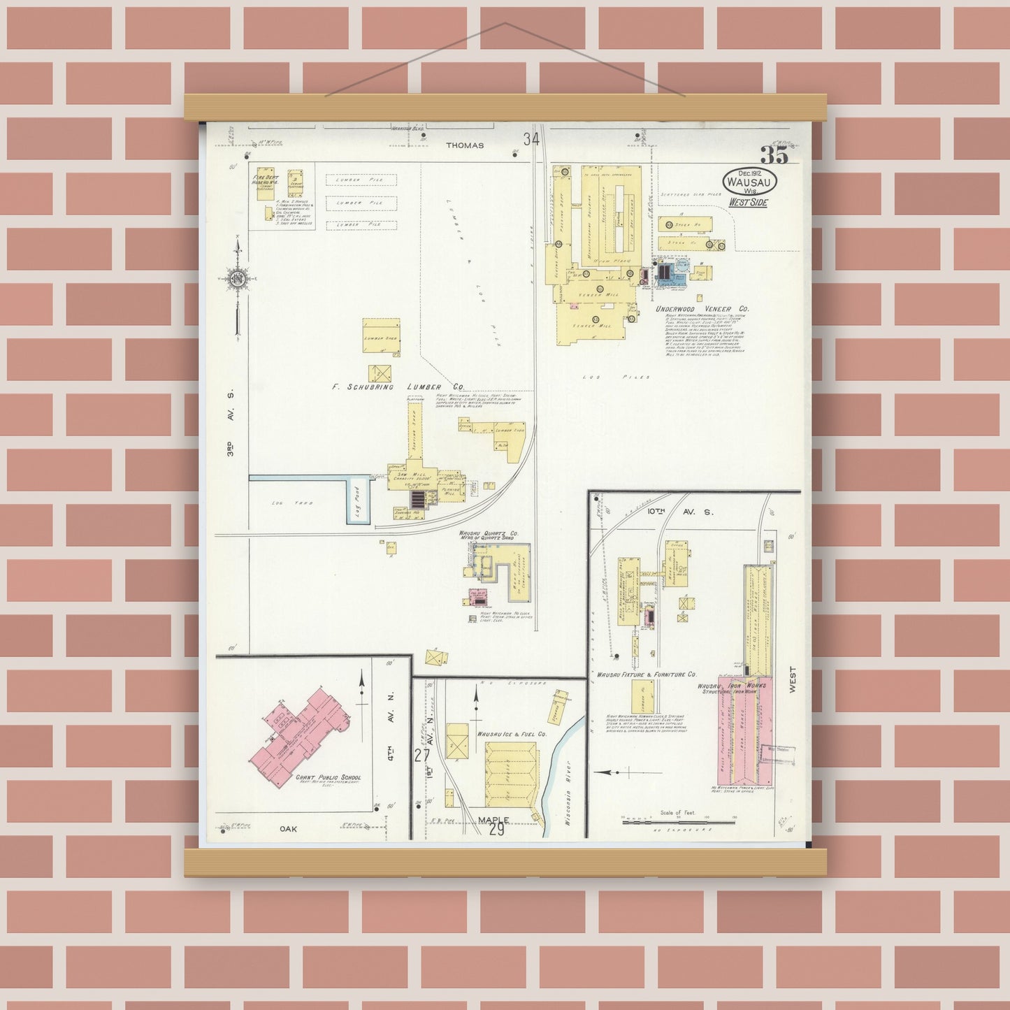 Old map wall art mockup — magnetic wood frame on brick wall — Sanborn Fire Insurance Map from Wausau, Marathon County, Wisconsin (1912), Sheet #0035