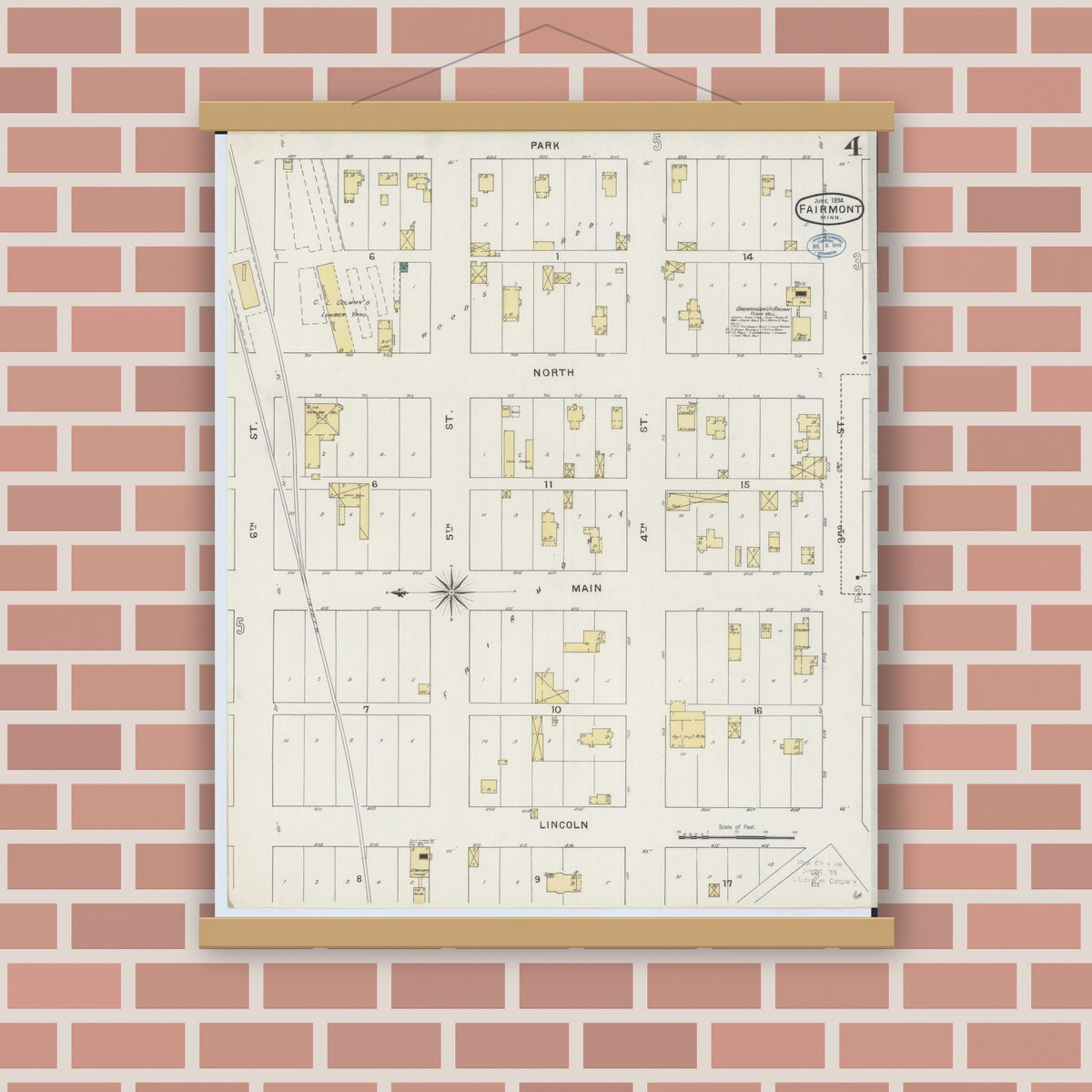 Old map wall art mockup — magnetic wood frame on brick wall — Sanborn Fire Insurance Map from Fairmont, Martin County, Minnesota (1894), Sheet #0004