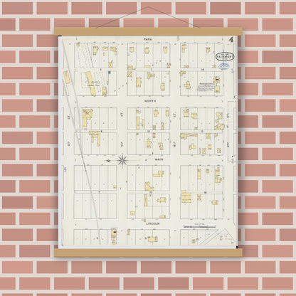 Old map wall art mockup — magnetic wood frame on brick wall — Sanborn Fire Insurance Map from Fairmont, Martin County, Minnesota (1894), Sheet #0004