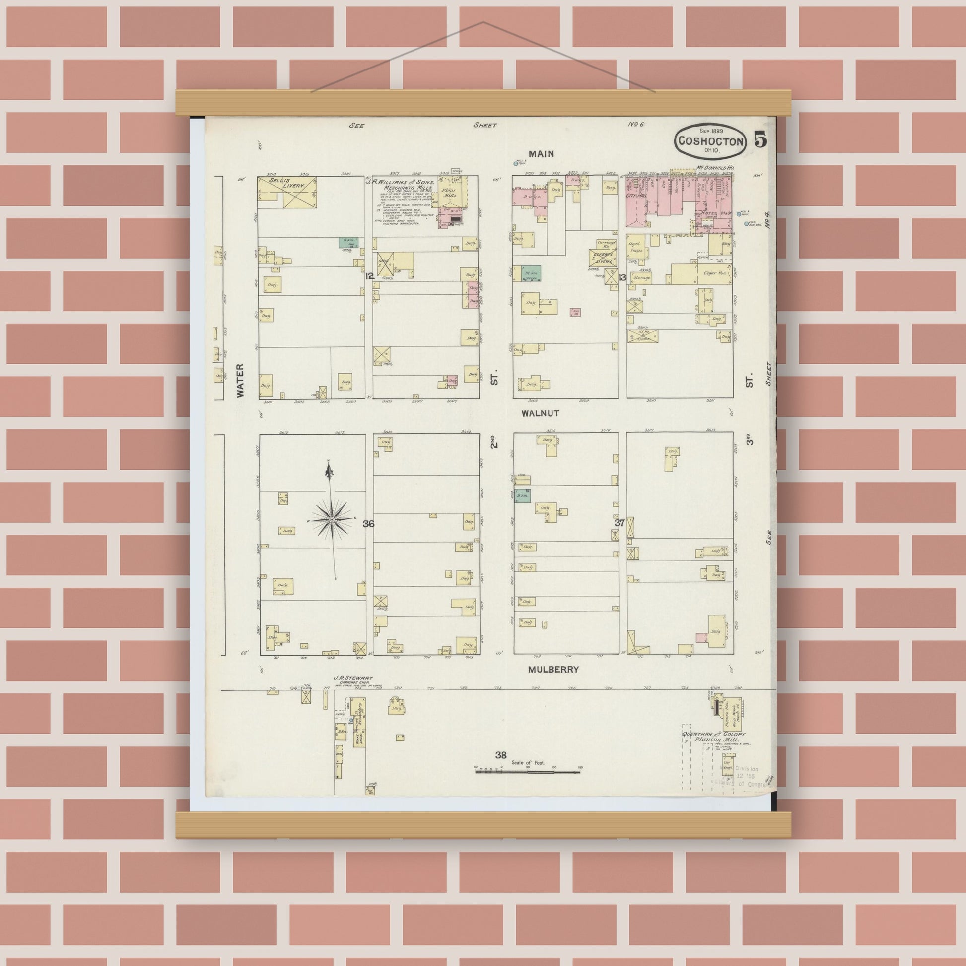Old map wall art mockup — magnetic wood frame on brick wall — Sanborn Fire Insurance Map from Coshocton, Coshocton County, Ohio (1889), Sheet #0005