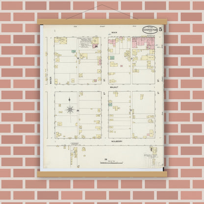 Old map wall art mockup — magnetic wood frame on brick wall — Sanborn Fire Insurance Map from Coshocton, Coshocton County, Ohio (1889), Sheet #0005