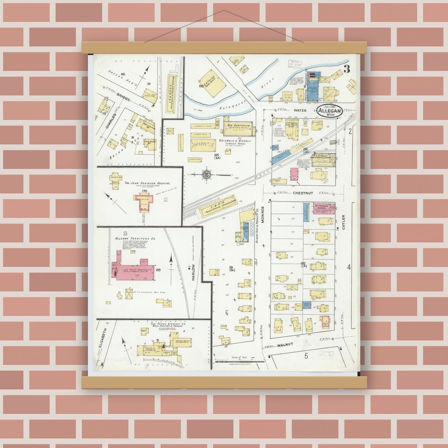 Old map wall art mockup — magnetic wood frame on brick wall — Sanborn Fire Insurance Map from Allegan, Allegan County, Michigan (1918), Sheet #0003